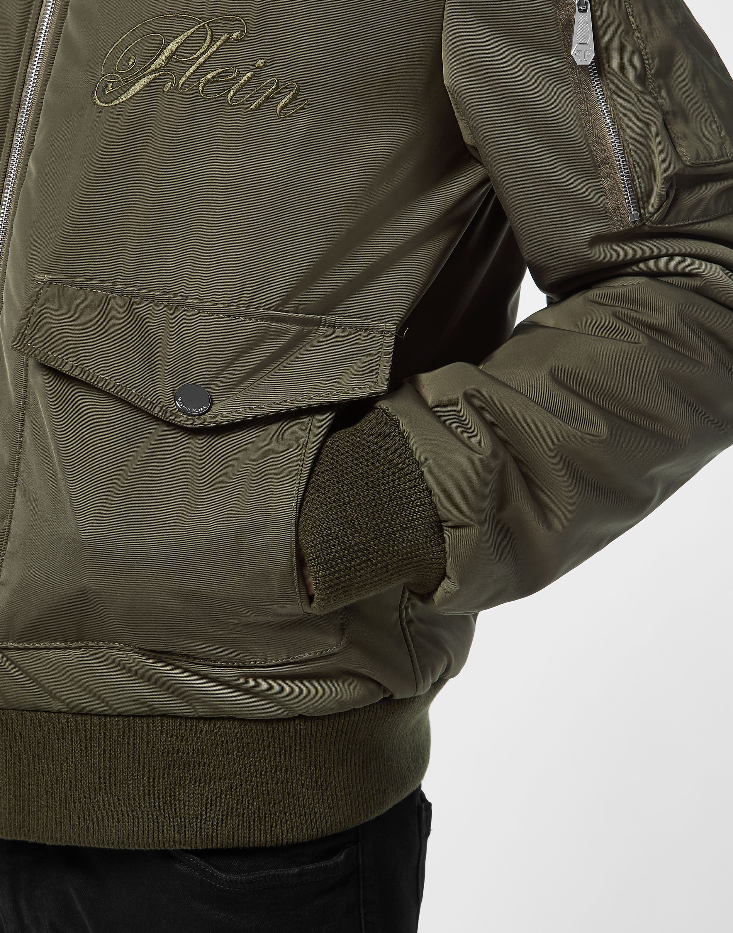 PHILPP PLEIN Nylon Aviator Jacket with Shearling Collar