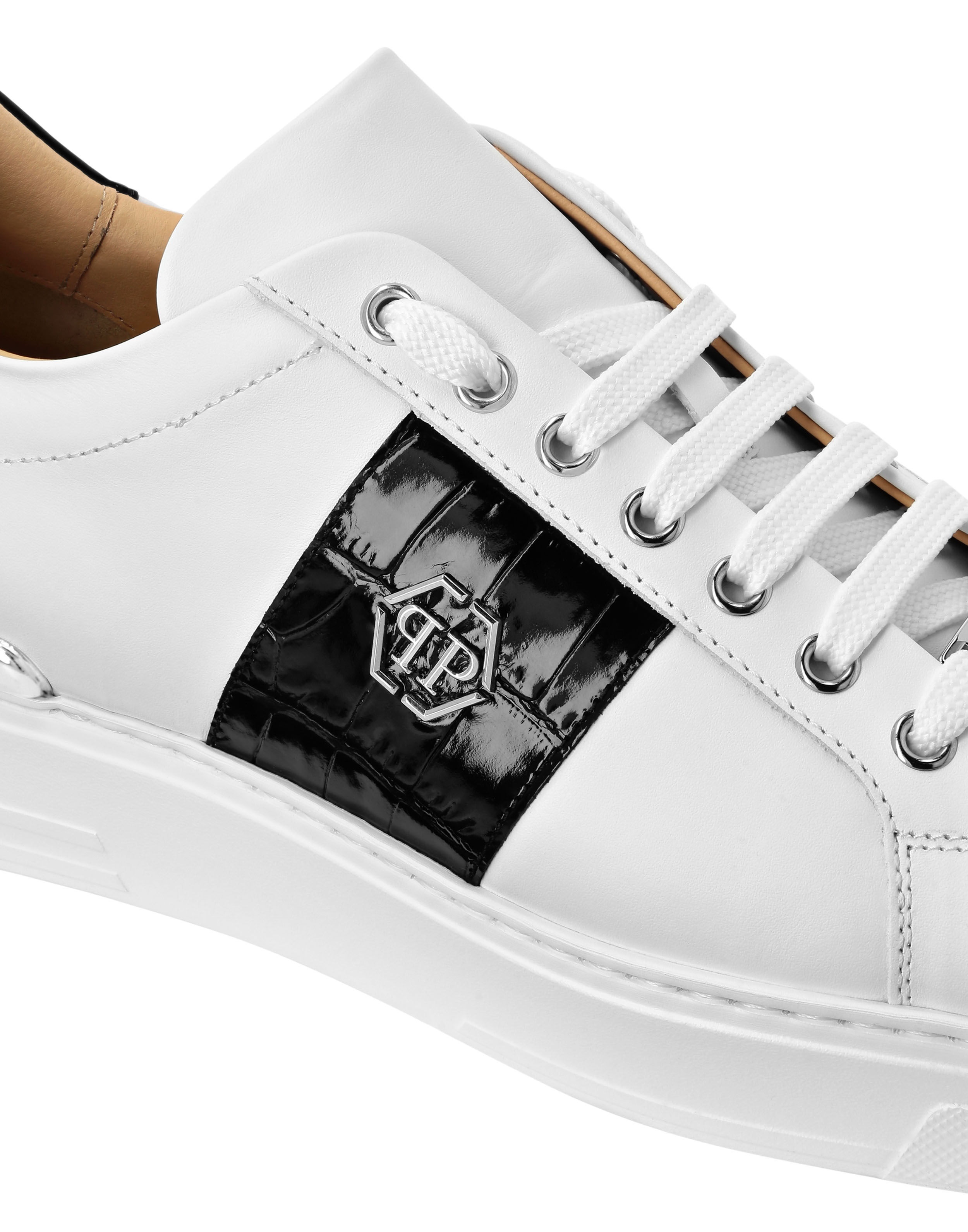 PHILPP PLEIN Mix Leather Lo-Top Sneakers Hexagon