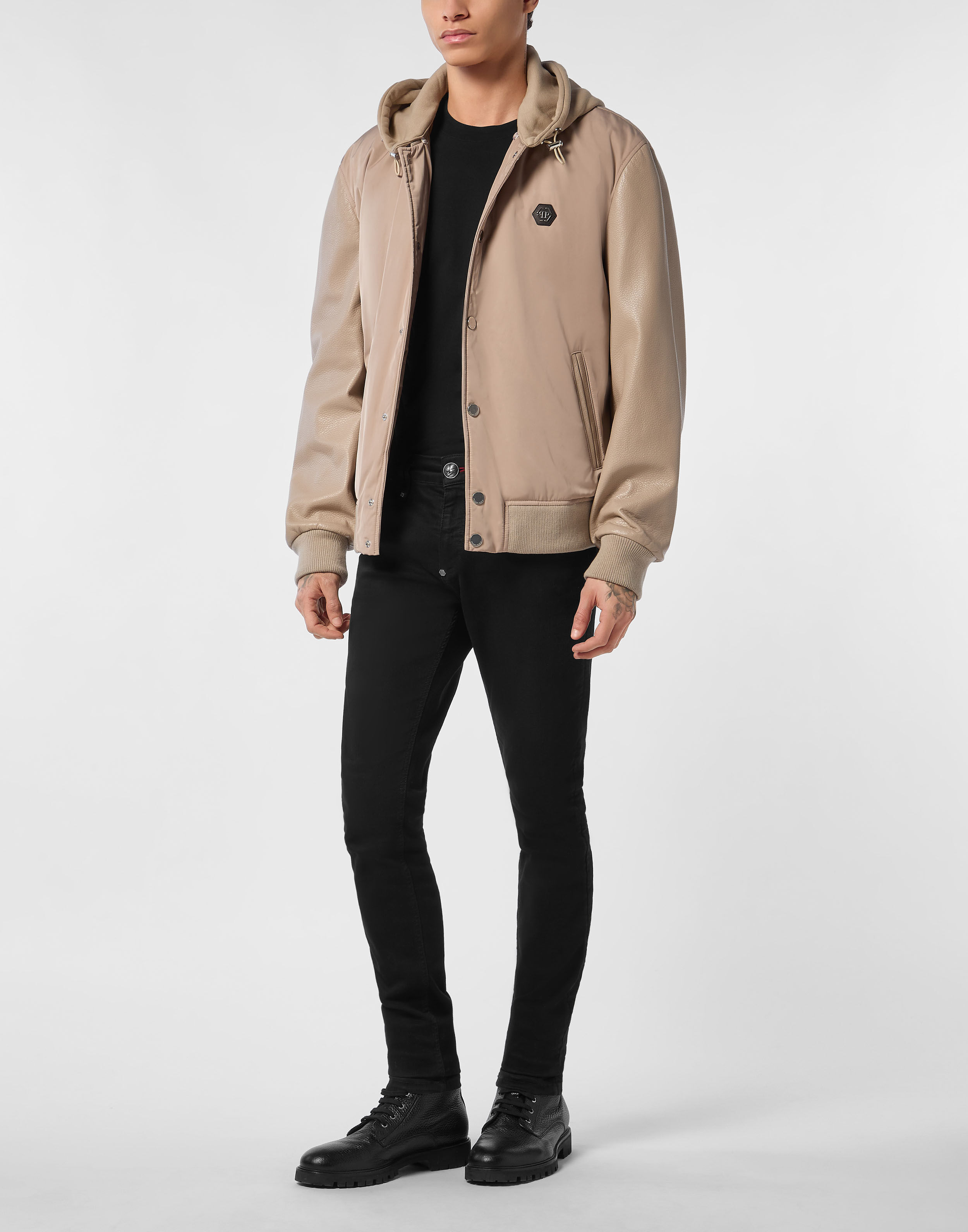 PHILPP PLEIN Nylon & Leather Varsity Bomber Hooded Jacket