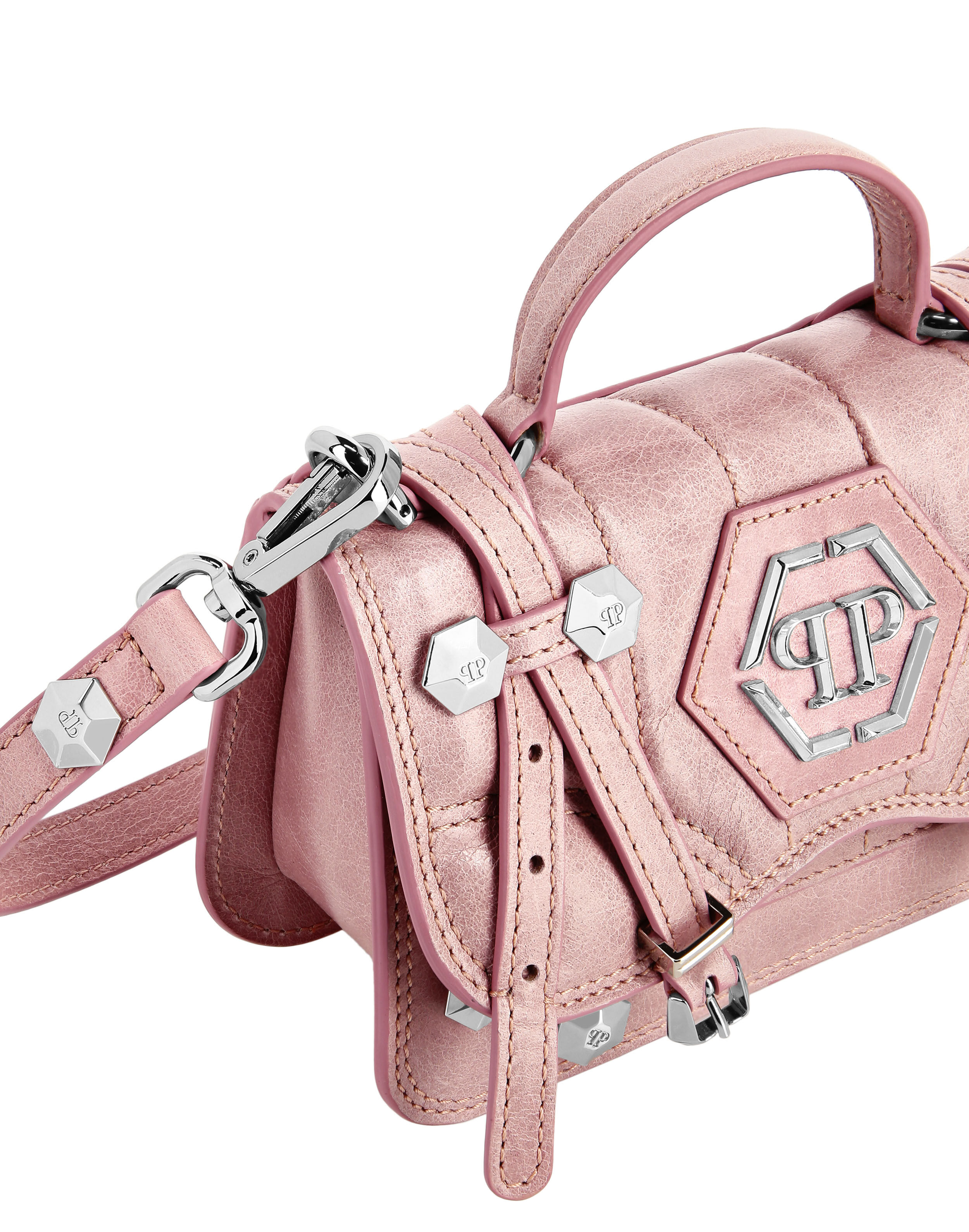 PHILPP PLEIN Shiny Crackle Leather Belt Handle Bag Small Hexagon