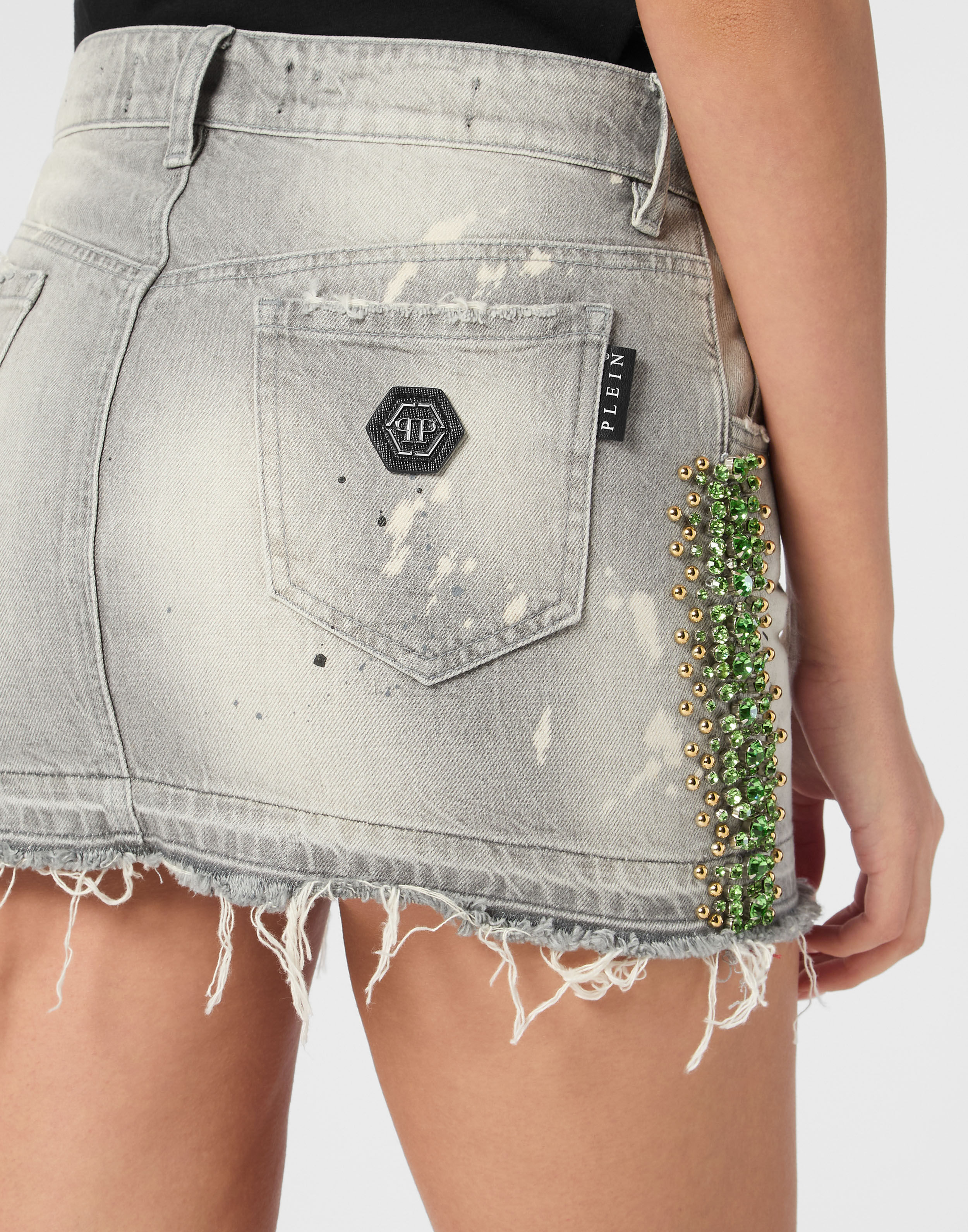 PHILPP PLEIN Denim Mini Skirt Rib Strass