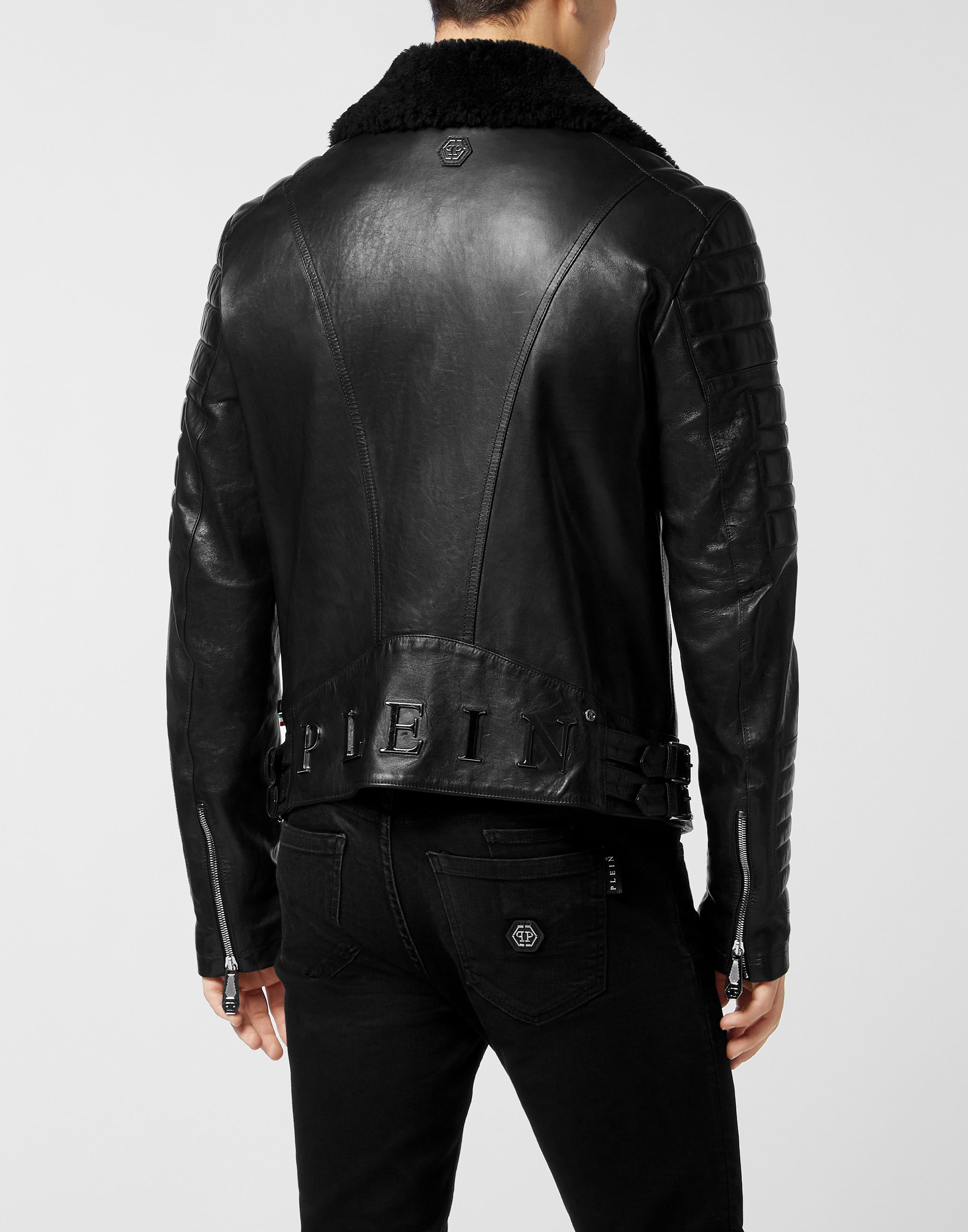 PHILPP PLEIN Leather Biker Jacket with Shearling Collar