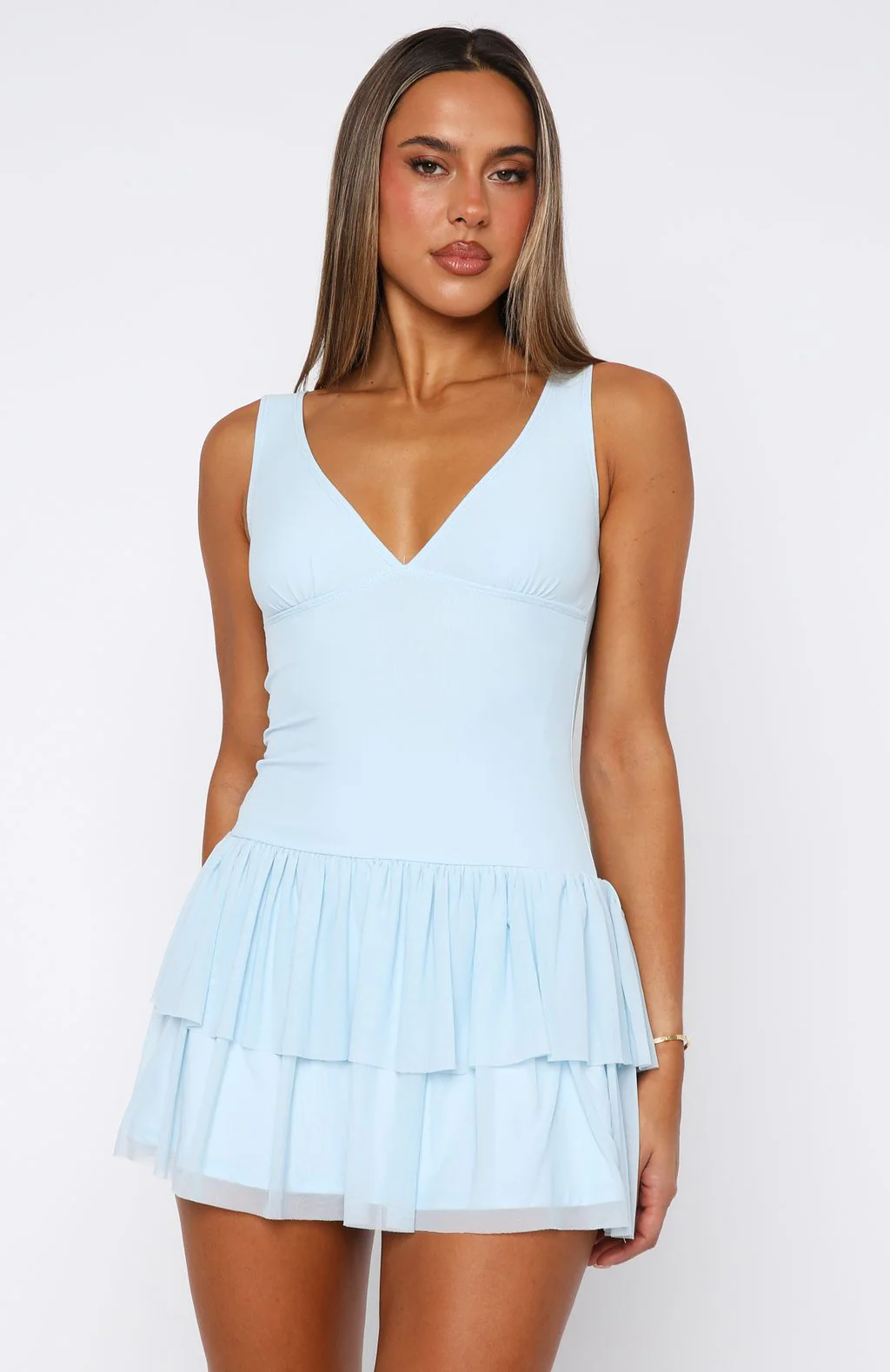 Guessing Games Mesh Mini Dress Baby Blue