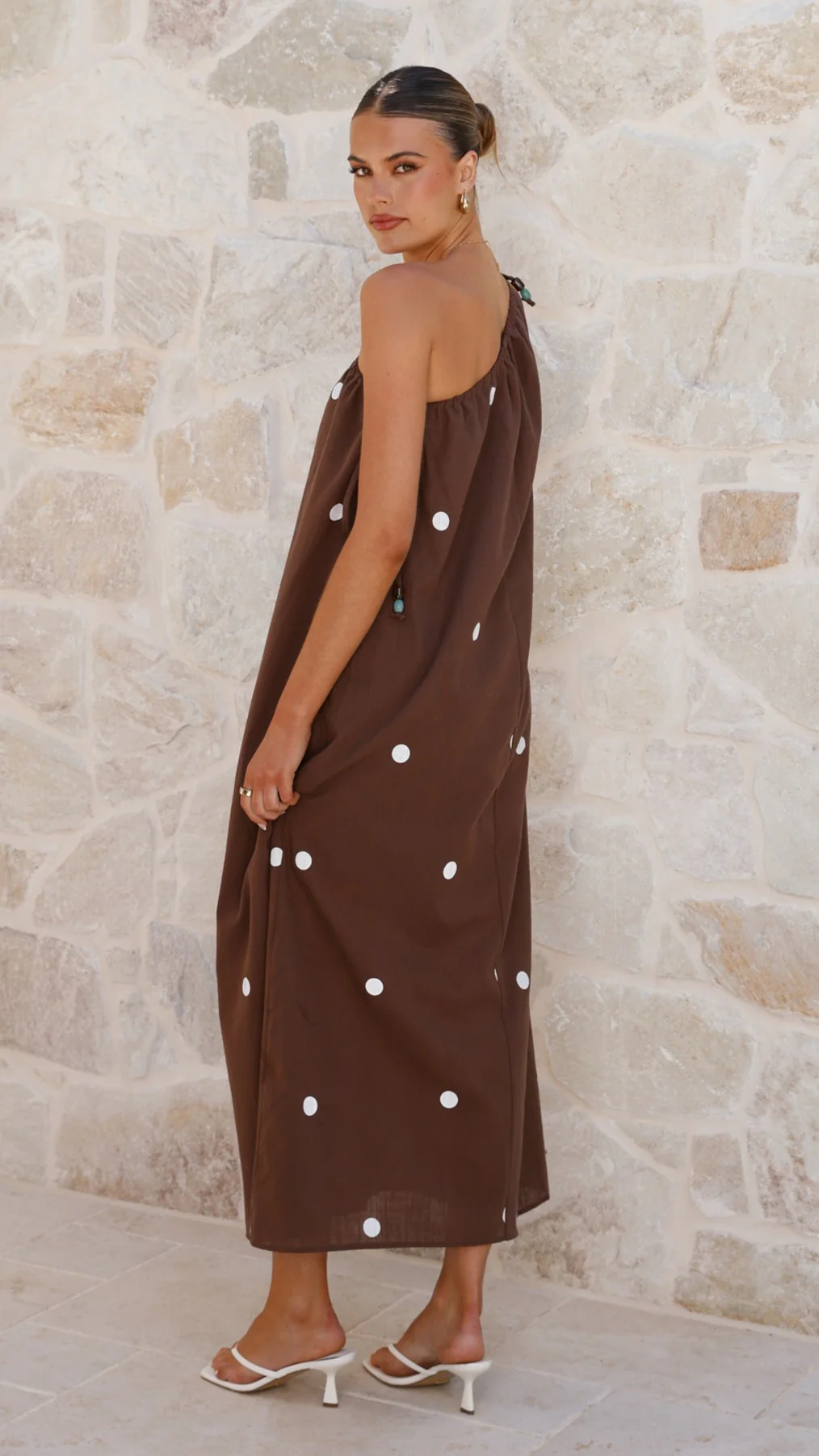 Nasira One Shoulder Maxi Dress - Chocolate / White Polka Dot