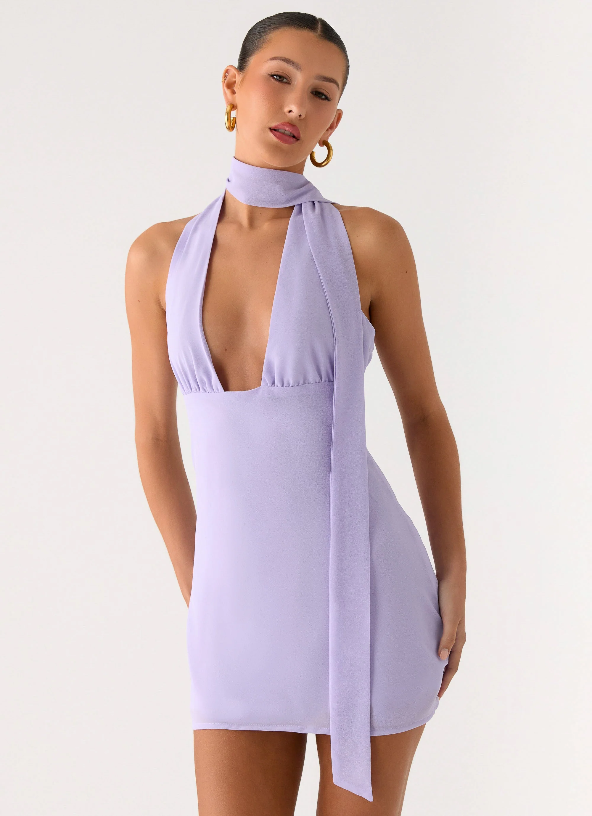 Melisande Scarf Neck Mini Dress - Lavender
