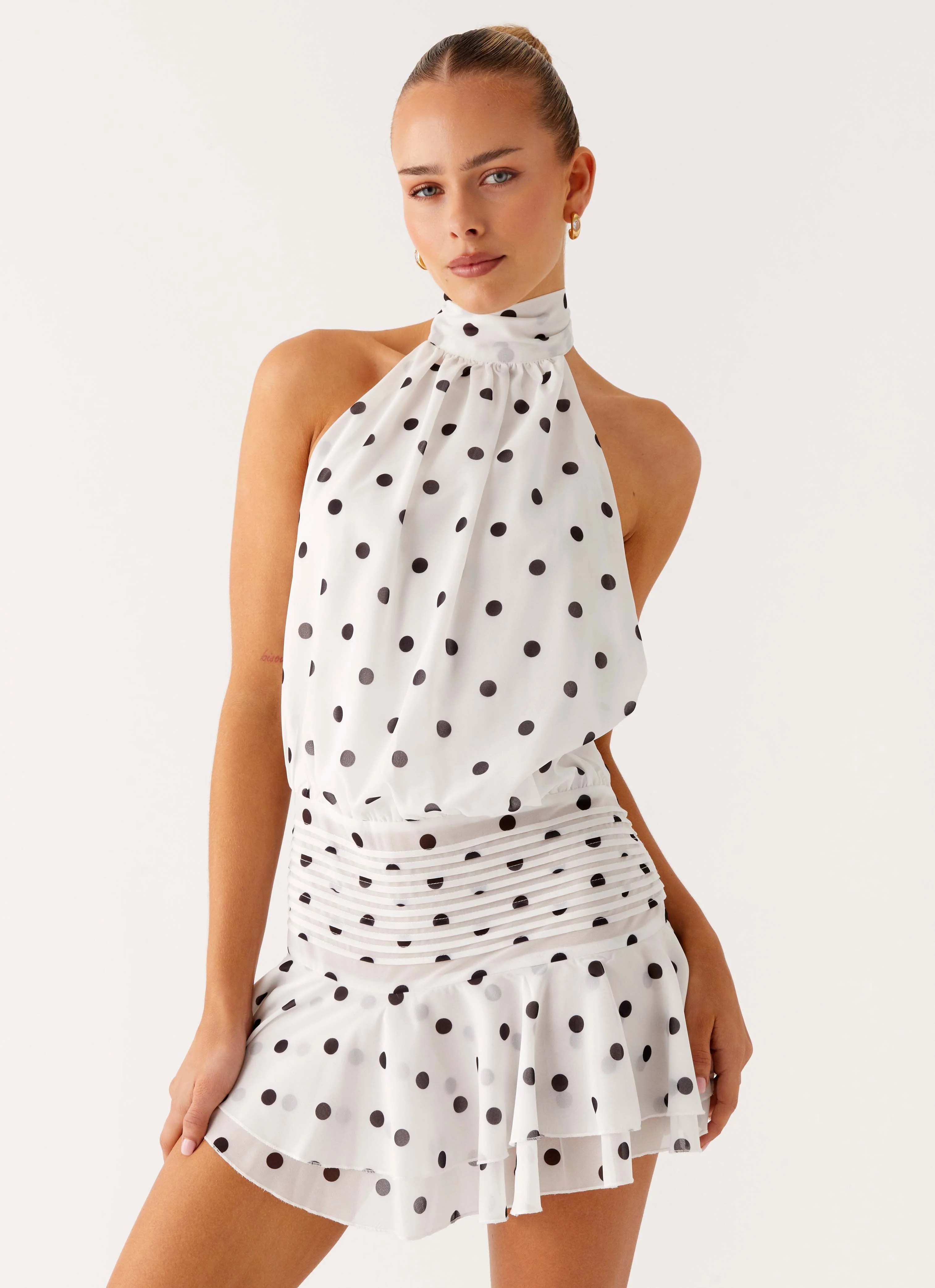 Willow Chiffon Mini Dress - White Polka Dot