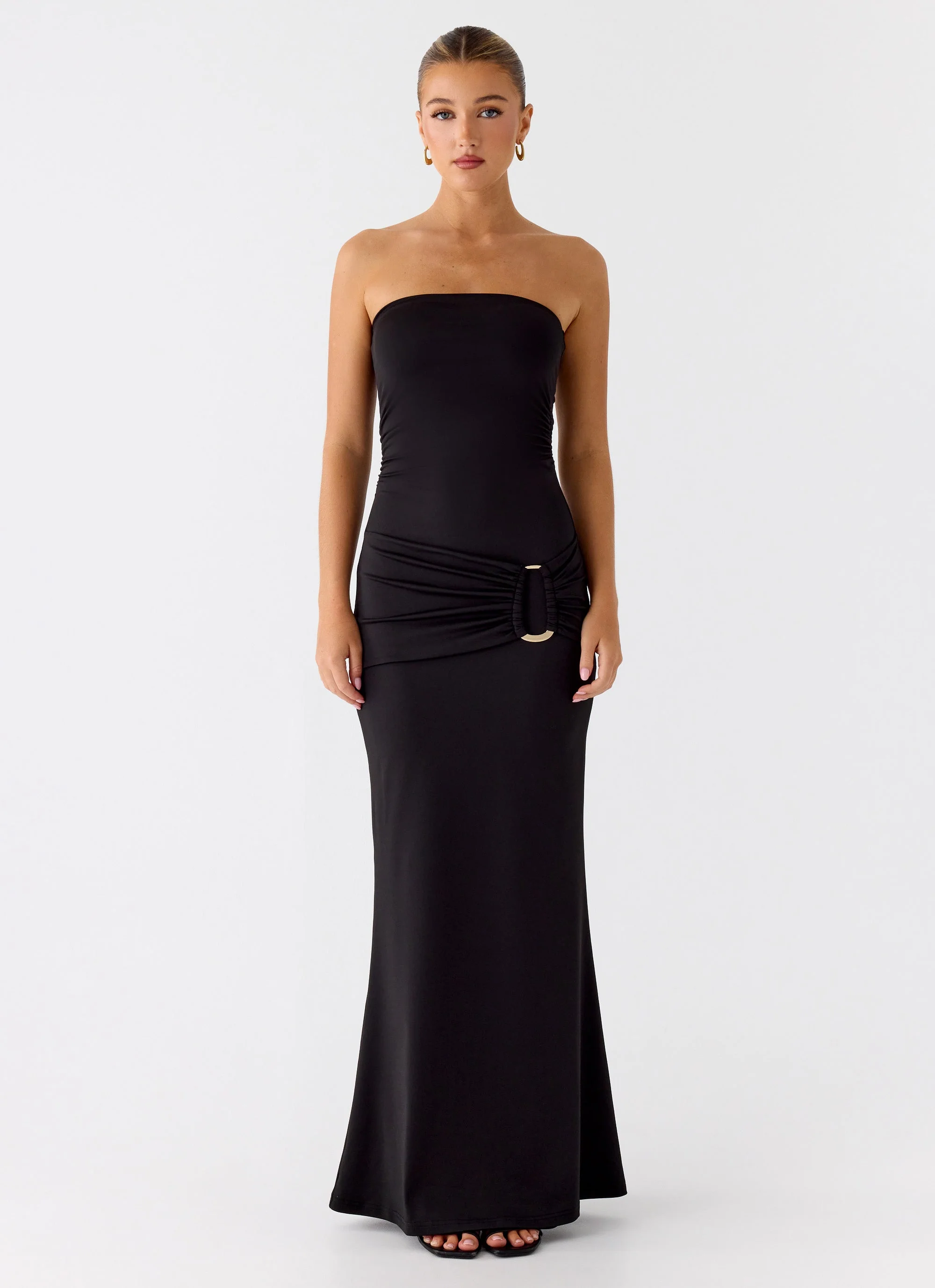 Metal Heart Strapless Maxi Dress - Black