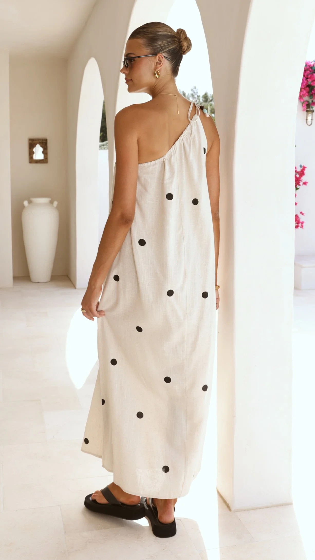 Nasira One Shoulder Maxi Dress - Oat/Black Polka Dot