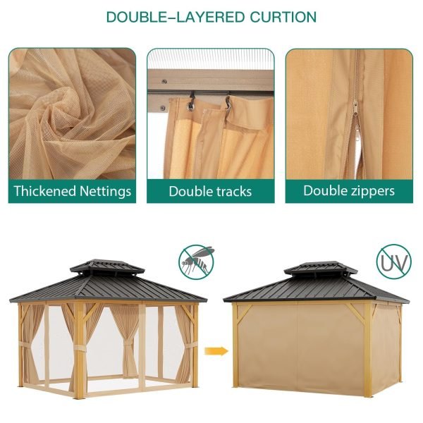 10X13 FT Outdoor Galvanised Steel Hardtop Gazebo, Heavy Duty Double Roof Outdoor Gazebo with Netting and Sunshade Curtains, Aluminium Framed Gazebo for Patio, Terrace, Lawn and Deck, Khaki