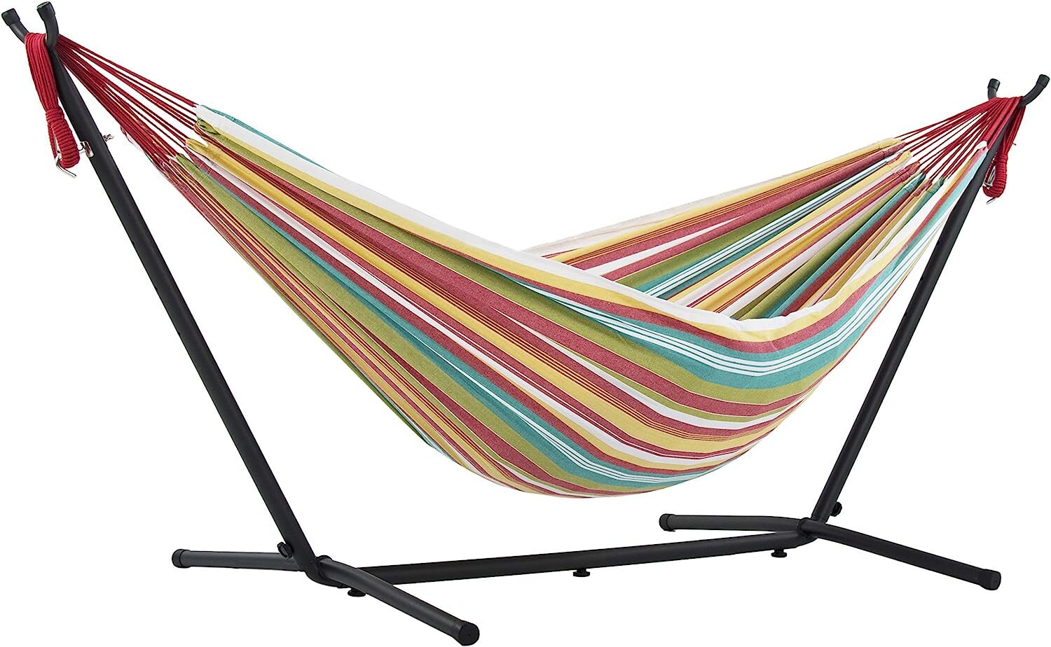 Vivere Double Cotton Hammock with Steel Stand, 450 lb Capacity, Tropical Colors, Includes Premium Carry Bag