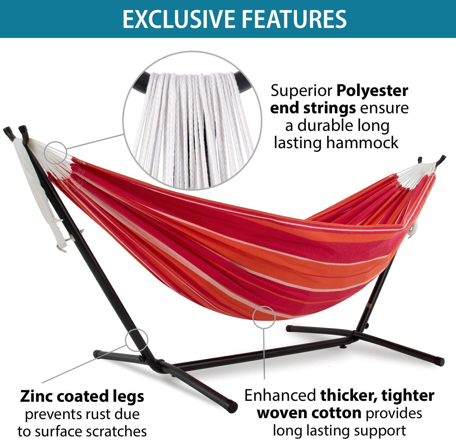 Vivere Double Cotton Hammock with Steel Stand, 450 lb Capacity, Tropical Colors, Includes Premium Carry Bag