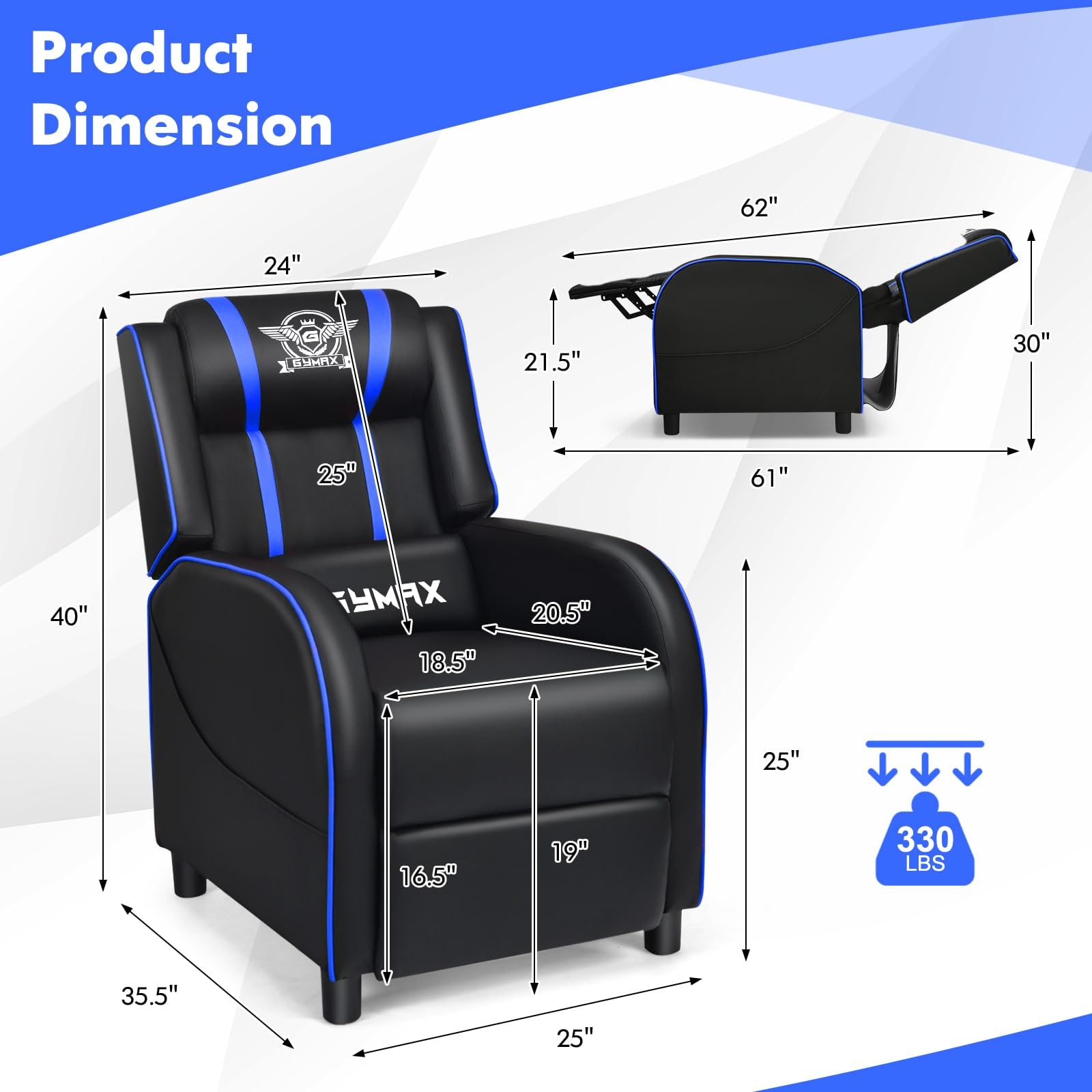 GYMAX Gaming Recliner, Massage Gaming Chair w/Adjustable Footrest, Remote Control & Side Pocket, Ergonomic Game Lounge Chair, Racing Style Single Theater Seat Game Sofa for Adults (Blue)