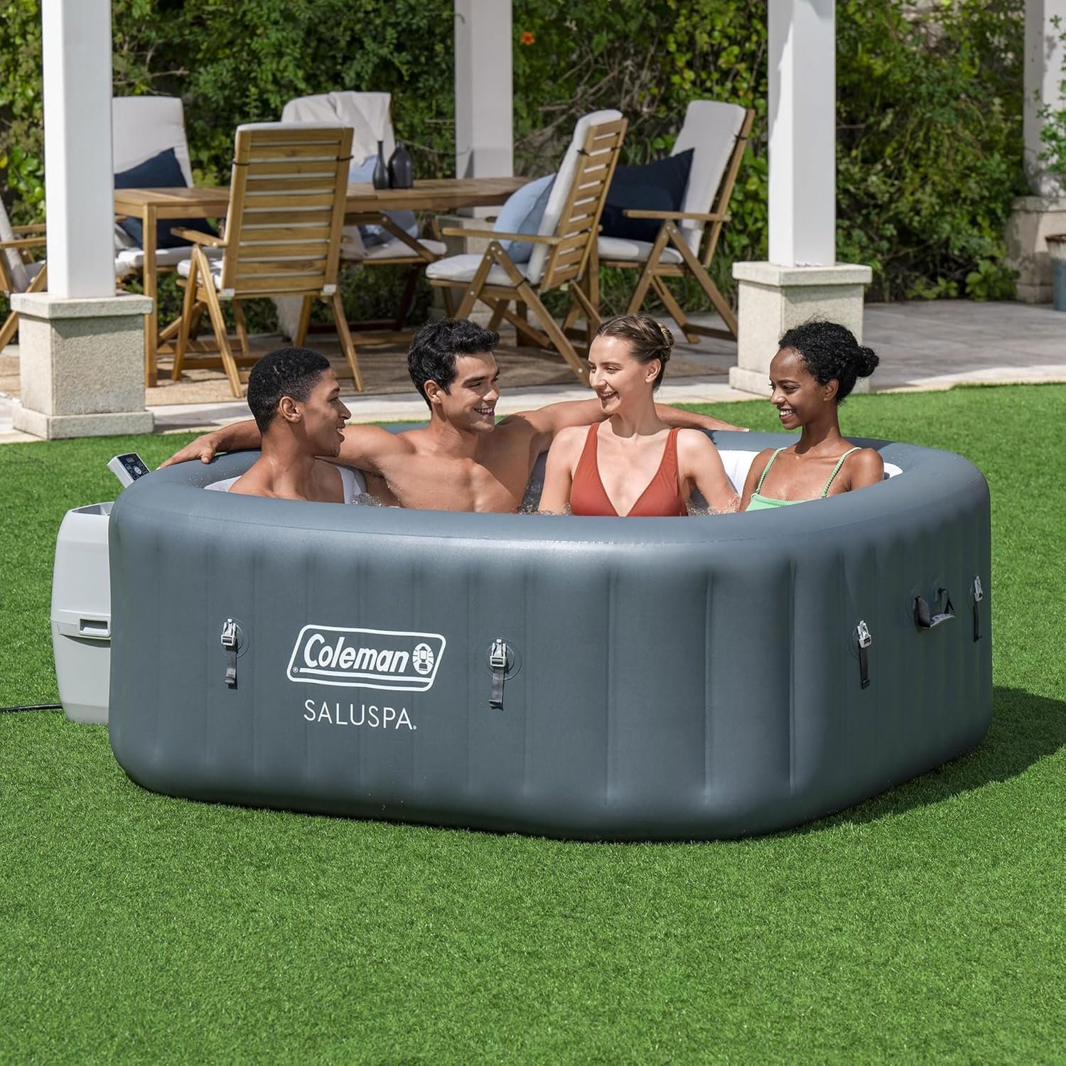 4 to 6 Person Inflatable Hot Tub Square Portable Outdoor Spa with 114 Soothing AirJets and Insulated Cover, Gray-Coleman