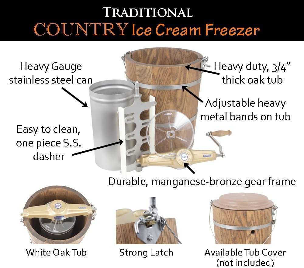 6 qt Country Ice Cream Maker �C Classic Wooden Tub �C Hand Crank