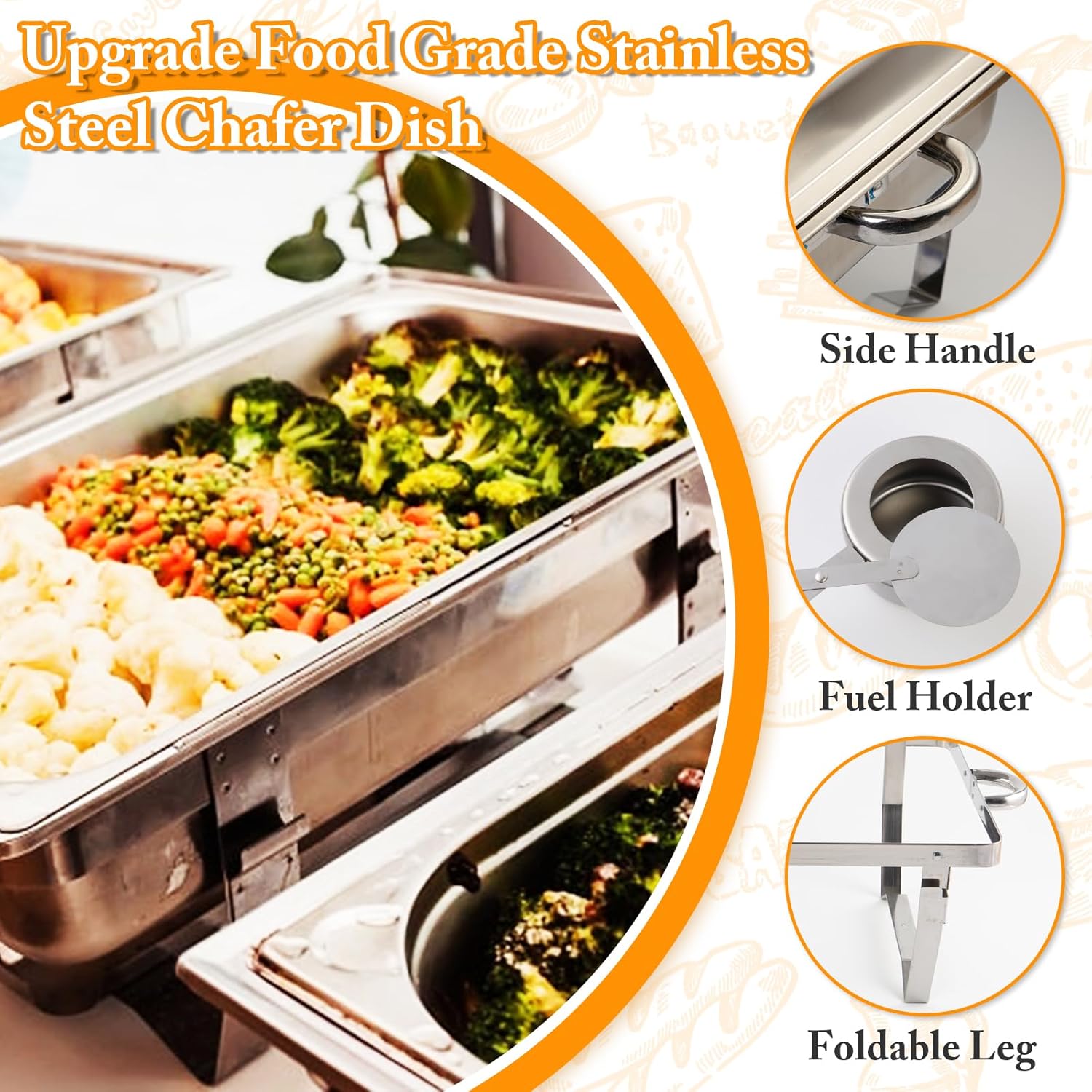 6 Pcs Chafing Dish Buffet Set, 8 Qt Stainless Steel Buffet Servers and Warmers with Foldable Frame, Food Pan, Fuel Holder and Lid for Parties Banquet Wedding