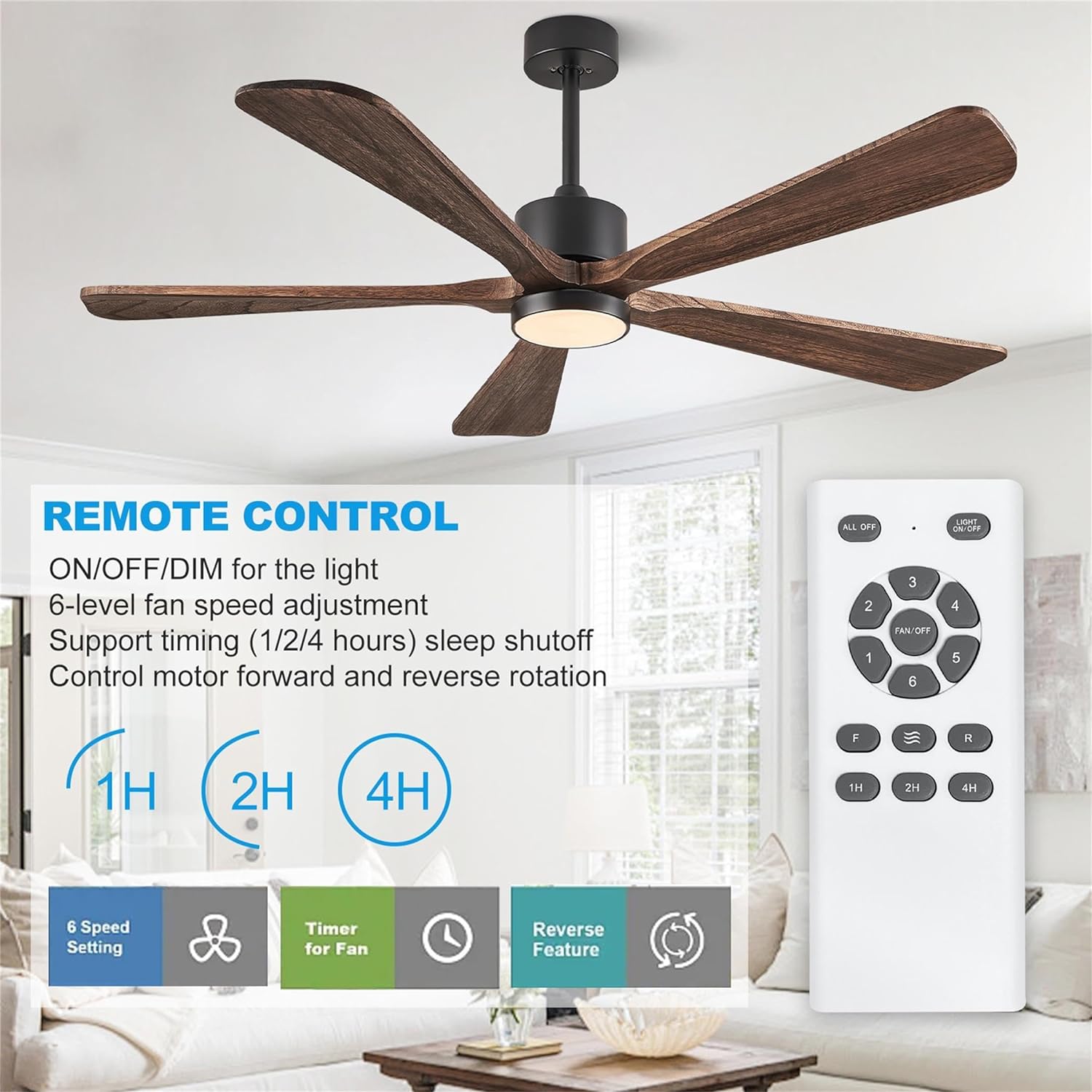 Ceiling Fans with Lights, 60 inch Outdoor Ceiling Fans with Lights for Patio and Remote Control, Modern Ceiling Fan with Light, 5 Solid Wood Blades 6-Speed Reversible DC Motor (Dark Brown)