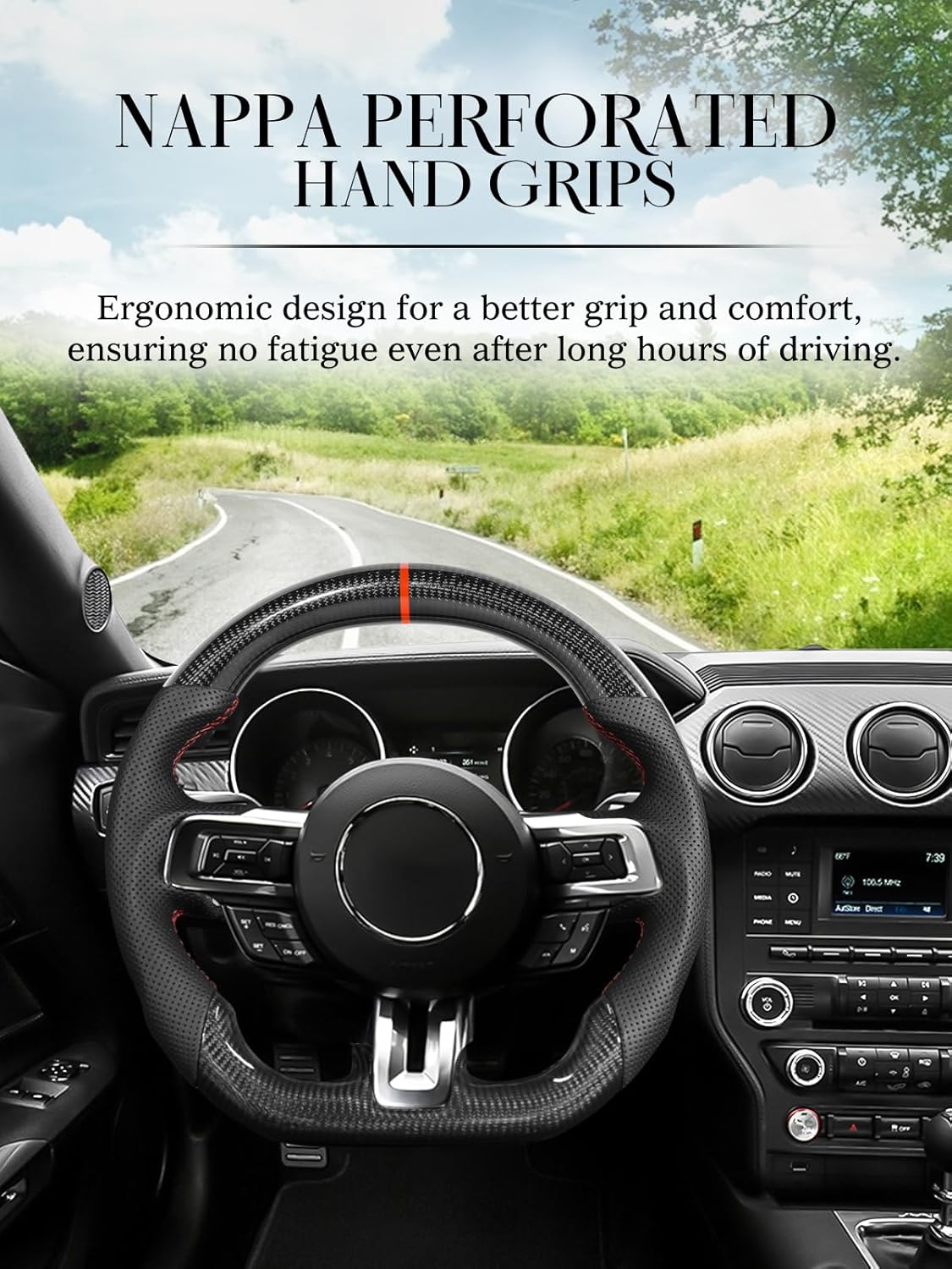 Carbon Fiber Steering Wheel for Ford Mustang 2018-2022 Nappa Perforated Leather with Hand Stitching D-shaped Steering Wheel for Mustang EcoBoost/GT for Shelby GT350/GT350R