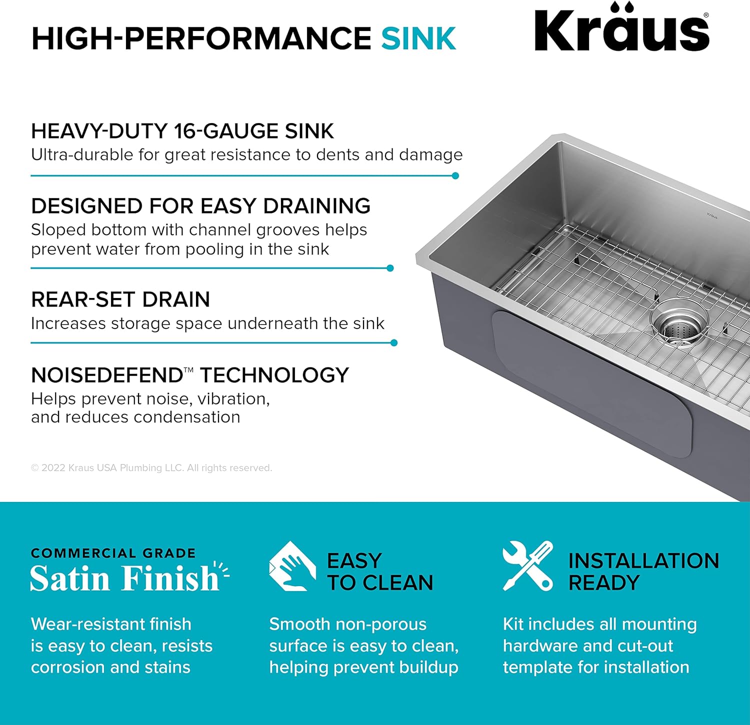 KHU100-32 Standart PRO 16 Gauge Undermount Single Bowl Stainless Steel Kitchen Sink, 32 Inch