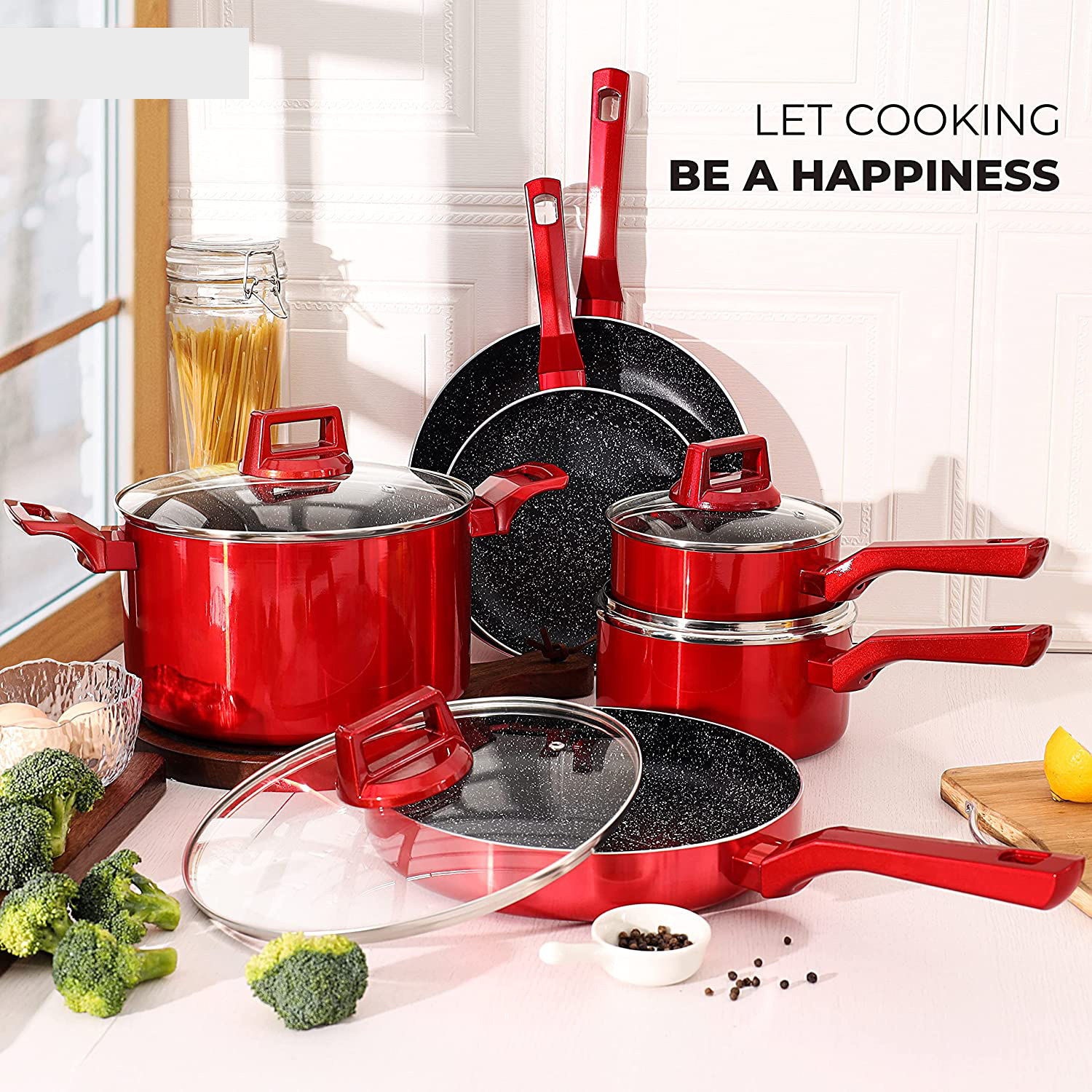 Red Nonstick Cookware Set  C 10 Pcs by [Brand Name], Induction Compatible, Chemical-Free, Includes Frying Pans, Saucepans, Saute Pan, Stock Pot