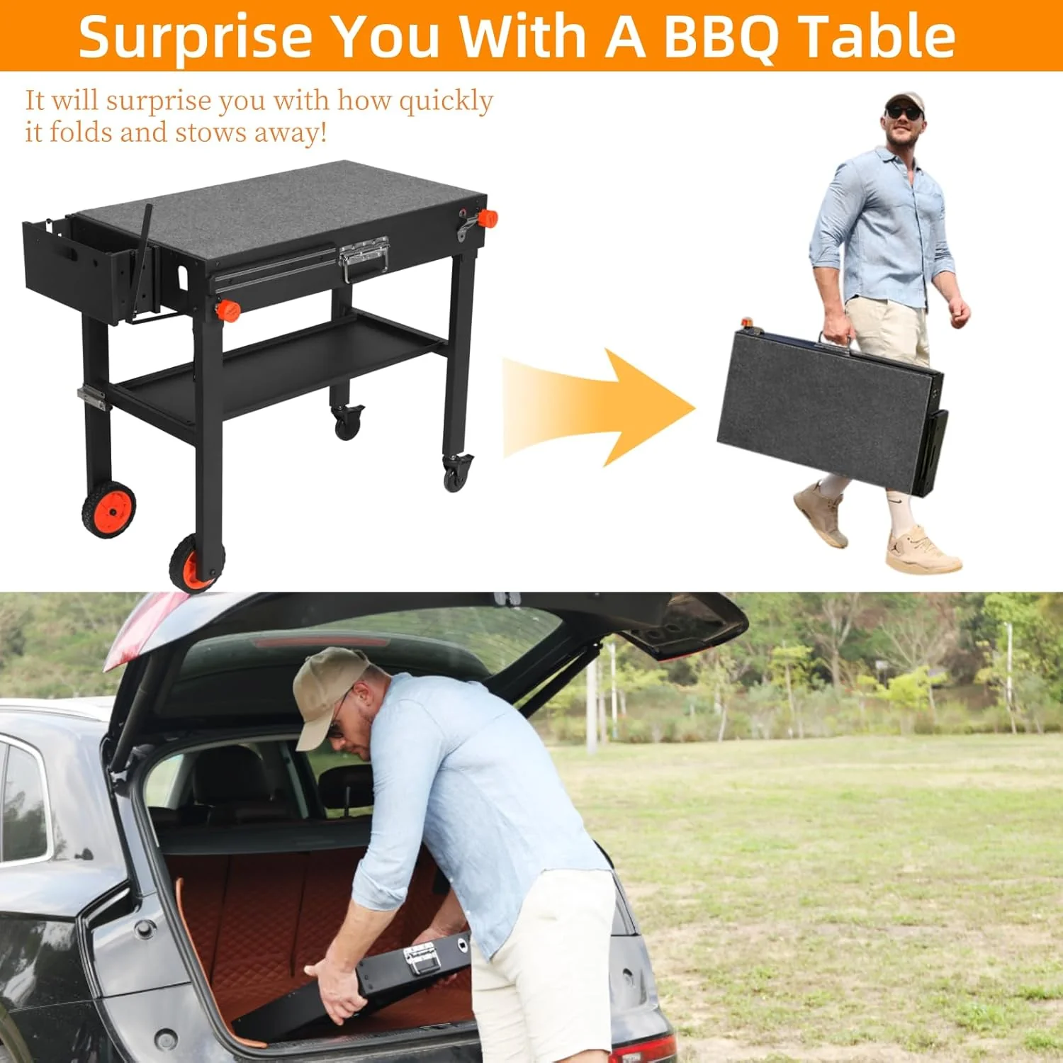 Outdoor Grill Table - Blackstone Griddle Stand with BBQ Prep Table, Wheels, Seasoning Tray