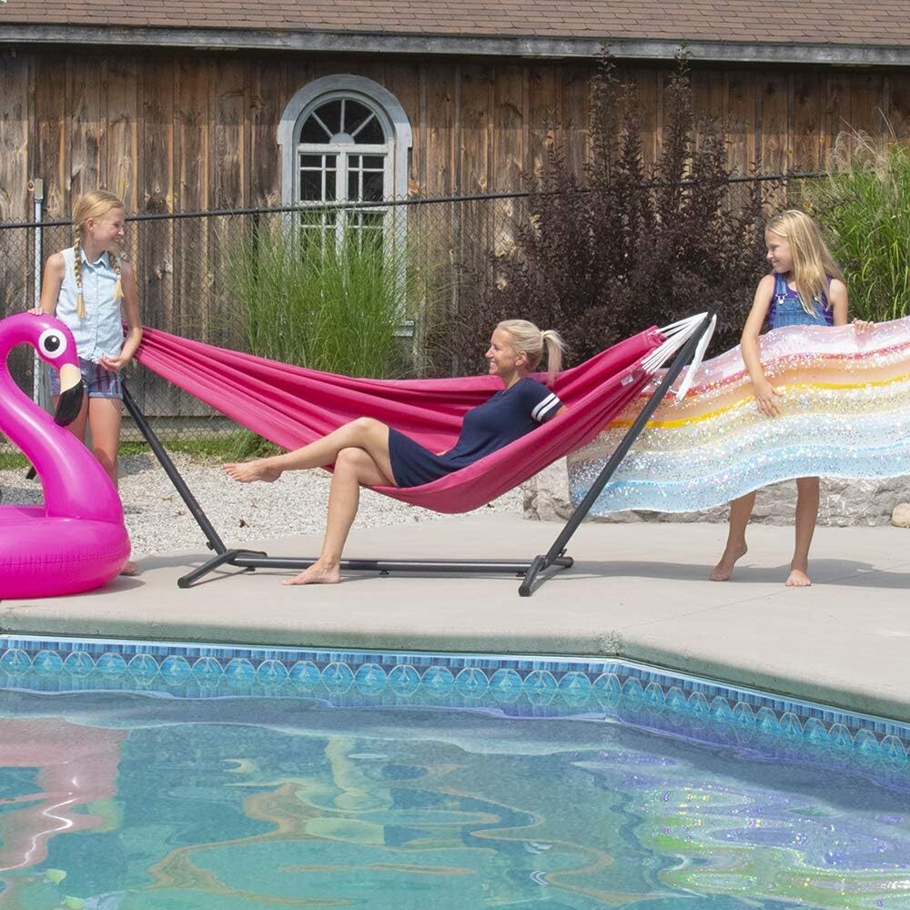 Vivere Double Cotton Hammock with Steel Stand, 450 lb Capacity, Tropical Colors, Includes Premium Carry Bag