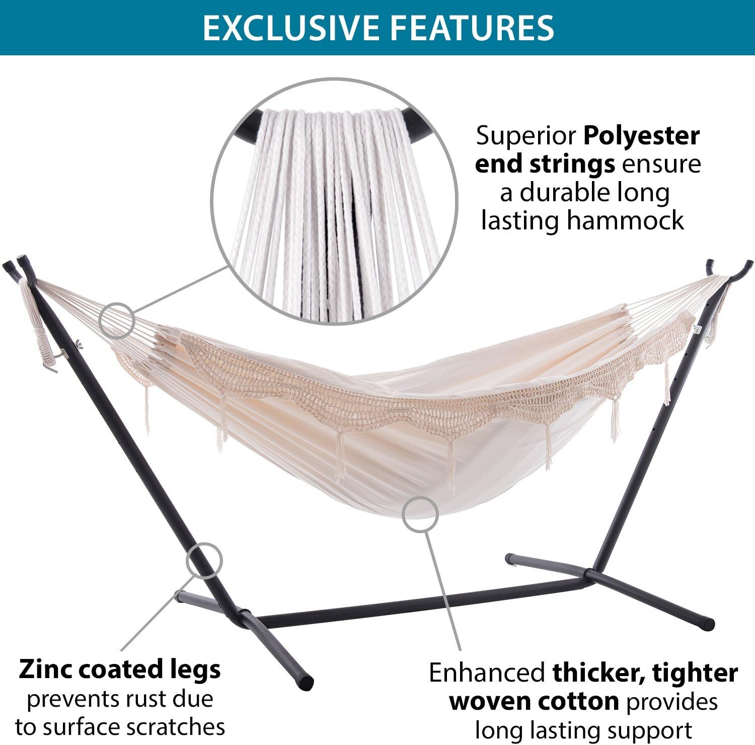 Vivere Double Cotton Hammock with Steel Stand, 450 lb Capacity, Tropical Colors, Includes Premium Carry Bag