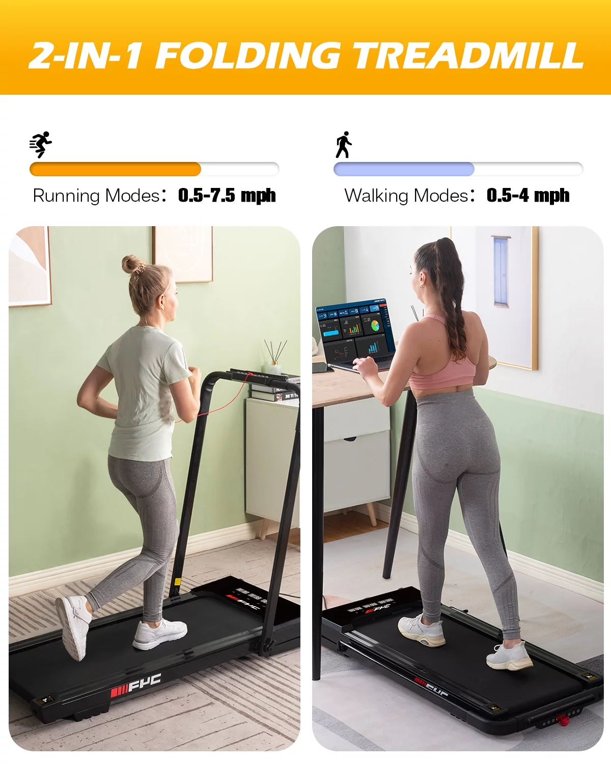 FYC 3.5HP Under Desk Treadmill - 300LBS Weight Capacity, 2-in-1 Foldable Design, Remote Control & LED Display - Compact Electric Walking and Running Machine for Walking, Running, Jogging (Black)