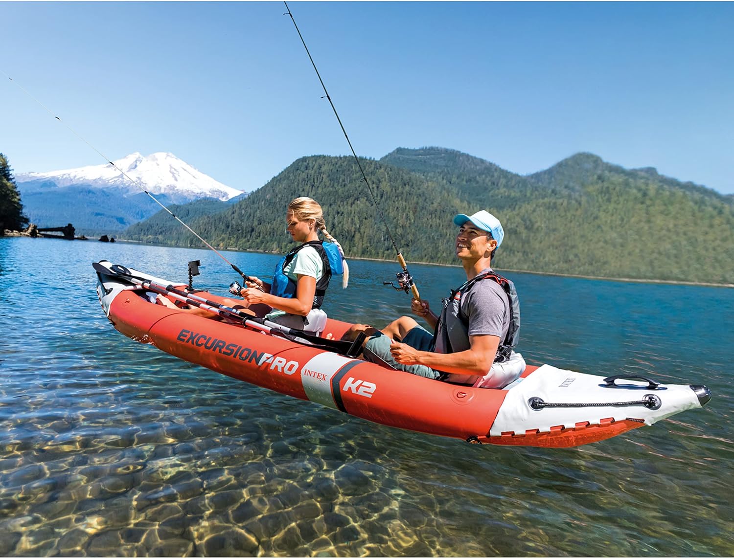 Excursion Pro Inflatable Kayak Series: Includes Deluxe 86in Kayak Paddles and High-Output Pump  ?SuperTough PVC  ?Adjustable Bucket Seat  ?Fishing Rod Holders  ?Grab Handles