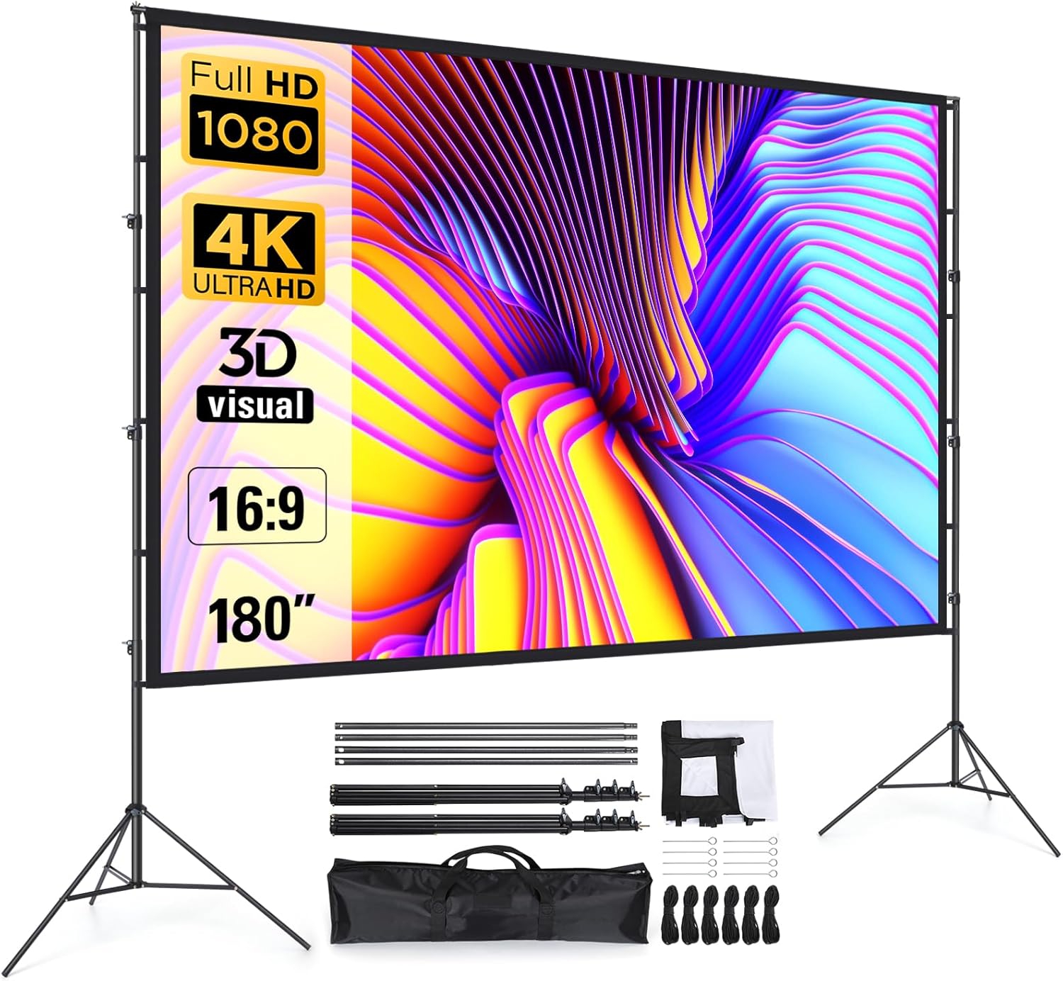 Projector Screen and Stand 180 Inch, Outdoor Portable Projector Movie Screen Pull Down, Indoor Projections Screen with Stand 16:9 4K Full HD Support Height Adjustable for Home Theater Camping