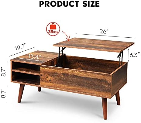 WLIVE Lift Top Coffee Table with Hidden Compartment & Adjustable Storage Shelf