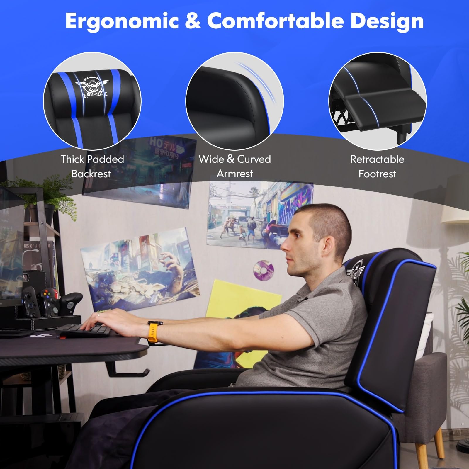 GYMAX Gaming Recliner, Massage Gaming Chair w/Adjustable Footrest, Remote Control & Side Pocket, Ergonomic Game Lounge Chair, Racing Style Single Theater Seat Game Sofa for Adults (Blue)