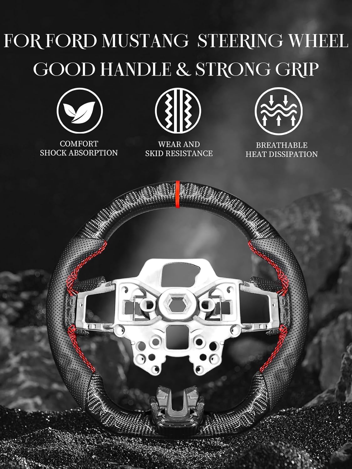 Carbon Fiber Steering Wheel for Ford Mustang 2018-2022 Nappa Perforated Leather with Hand Stitching D-shaped Steering Wheel for Mustang EcoBoost/GT for Shelby GT350/GT350R