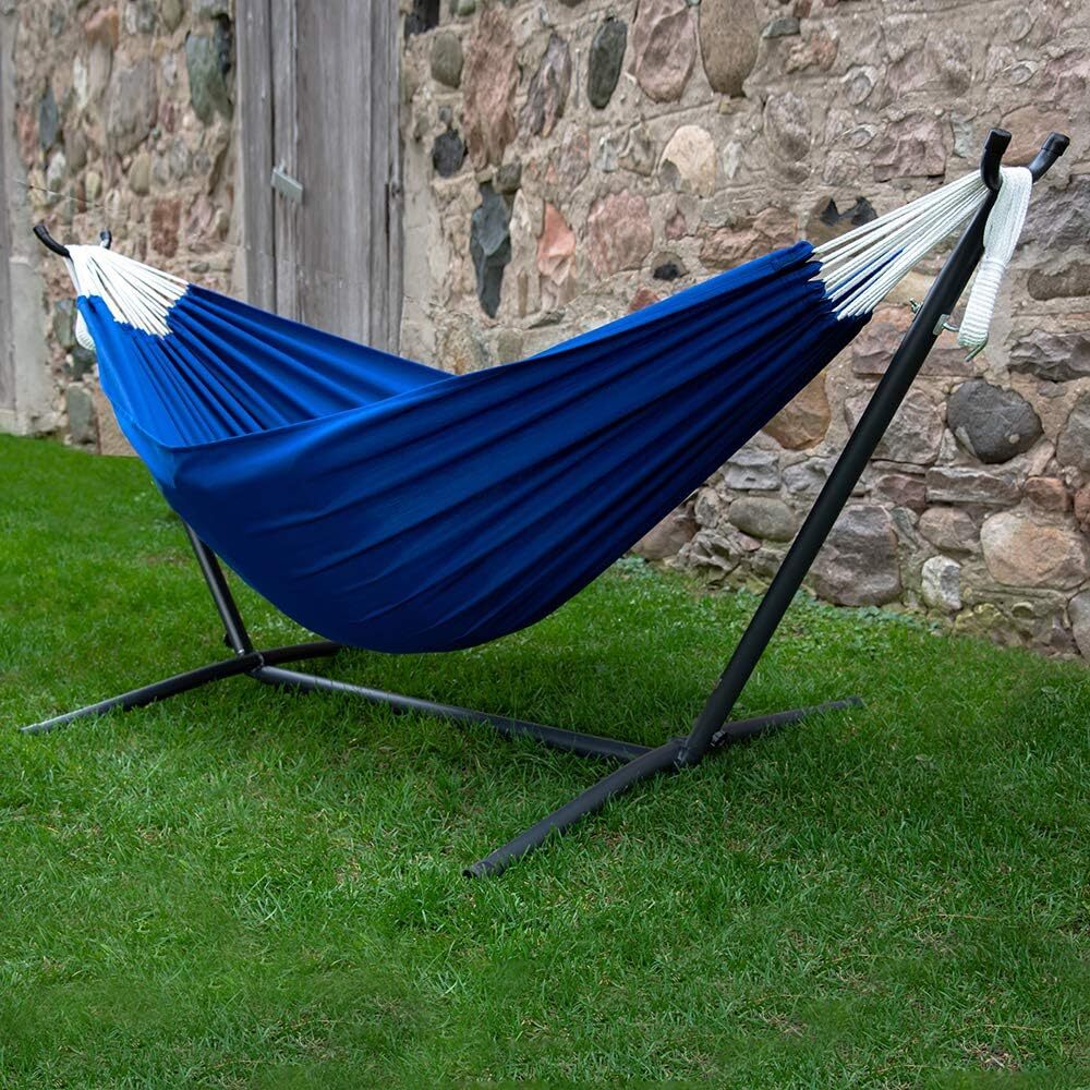 Vivere Double Cotton Hammock with Steel Stand, 450 lb Capacity, Tropical Colors, Includes Premium Carry Bag