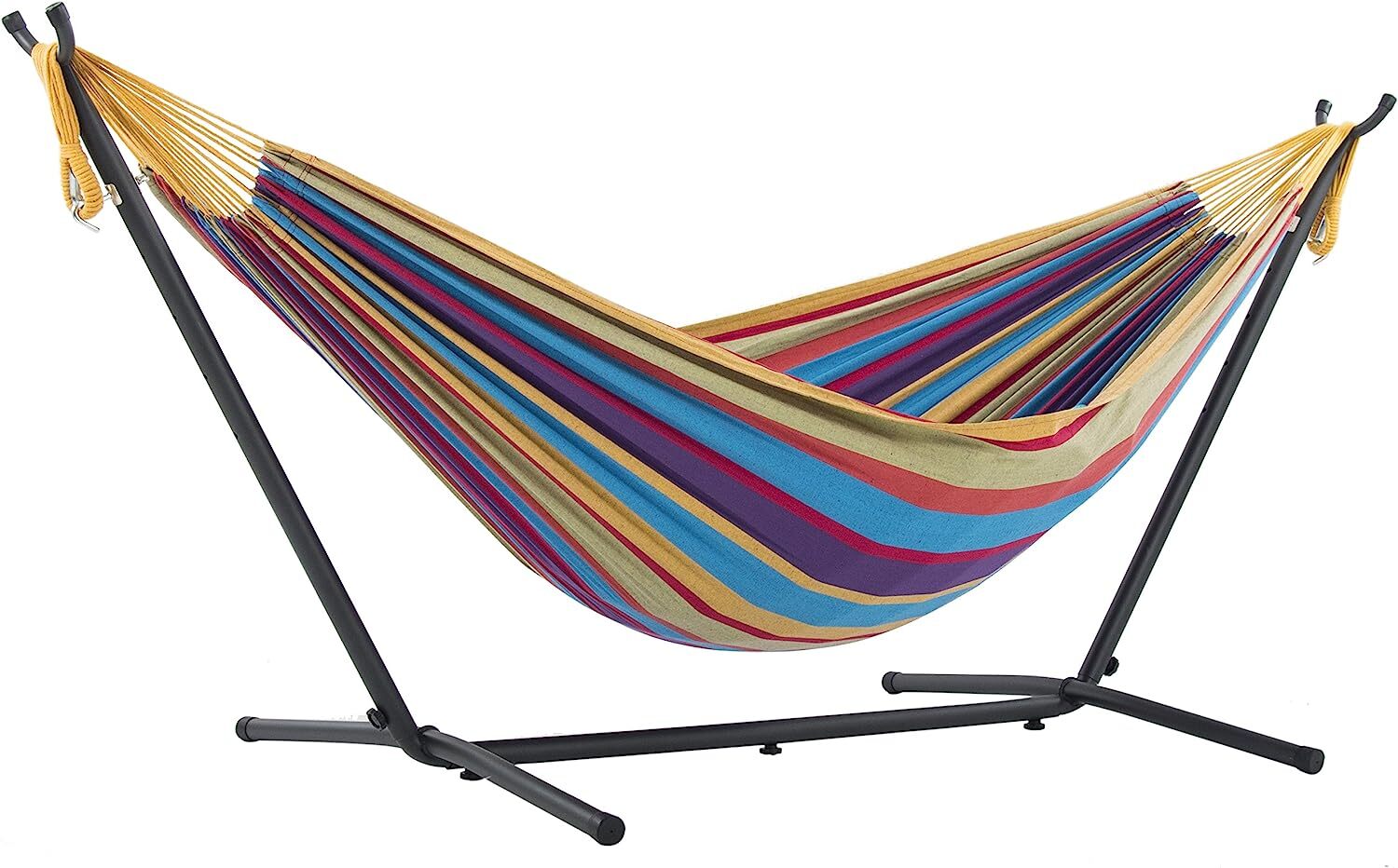 Vivere Double Cotton Hammock with Steel Stand, 450 lb Capacity, Tropical Colors, Includes Premium Carry Bag