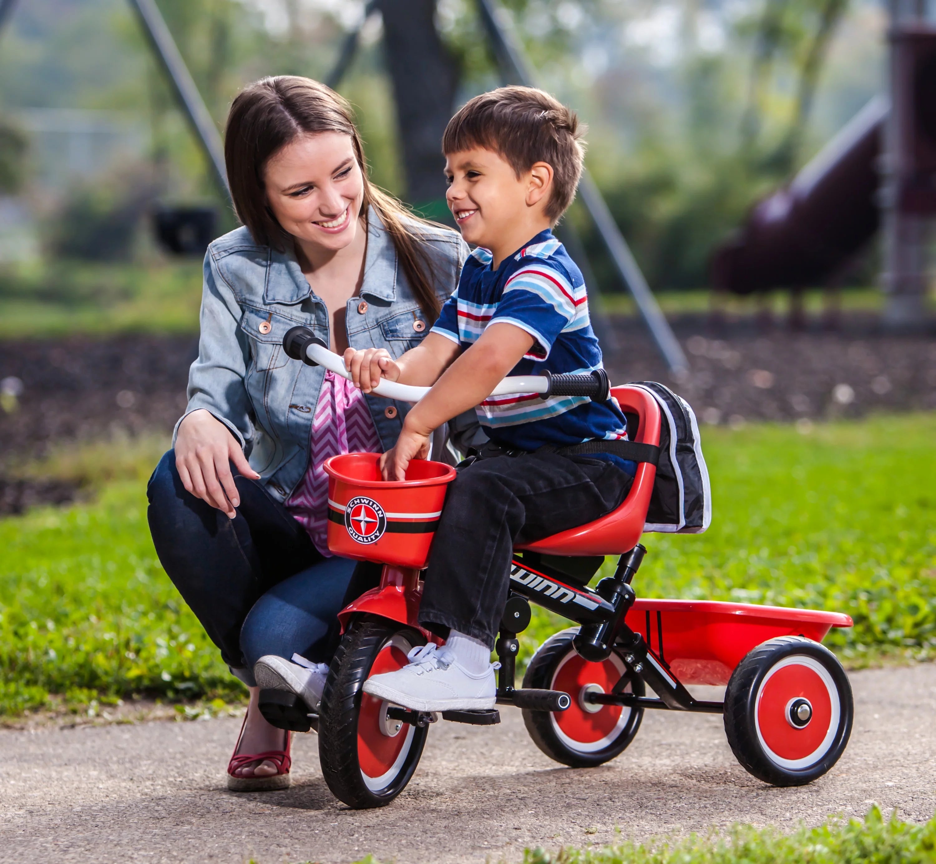 Schwinn Easy-Steer Tricycle with Push/Steer Handle, ages 2 - 4, red & white, toddler bike