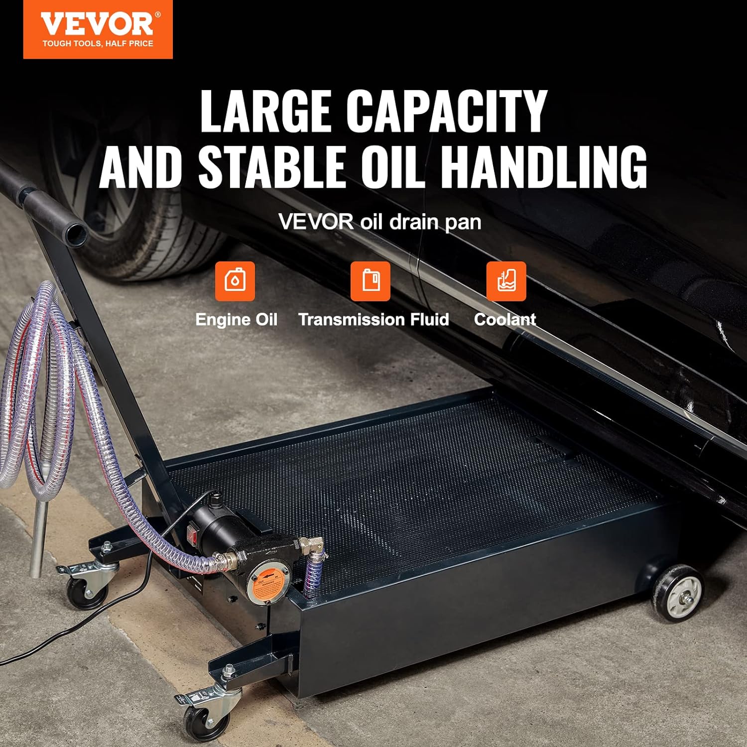 Profile Oil Drain Pan, 15 Gallon Oil Drain Pan with Pump, Oil Change Pan with 180W Electric Pump, 8.2ft Hose & Folding Handle, Rolling Oil Drain Cart for Trucks, Buses, RVs