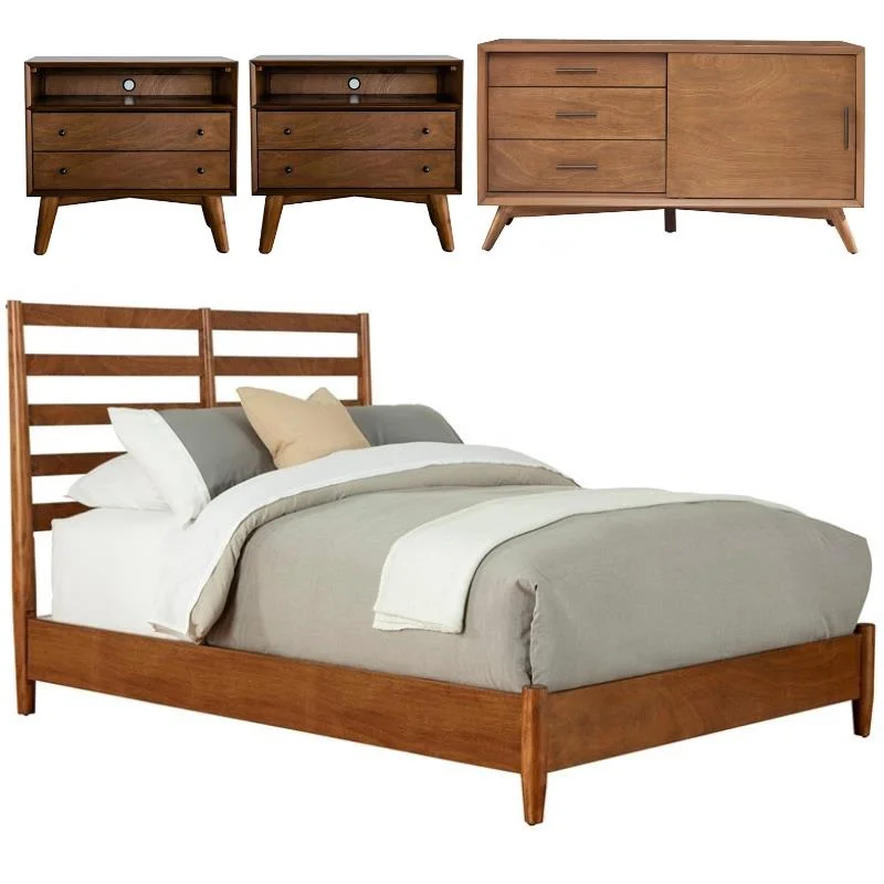 Home Square 4 Piece Set with Small TV Console Full Wood Bed & Large Nightstand