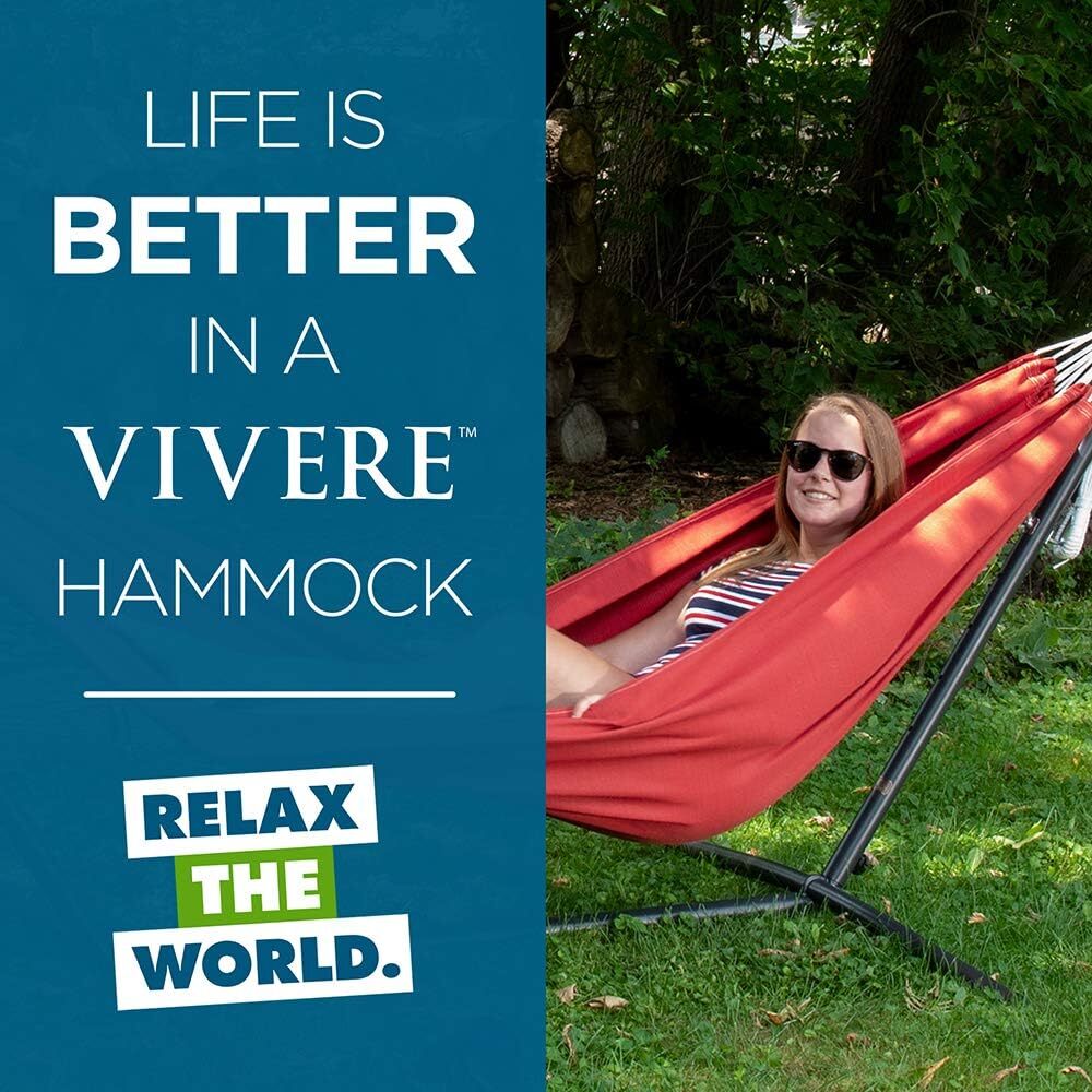 Vivere Double Cotton Hammock with Steel Stand, 450 lb Capacity, Tropical Colors, Includes Premium Carry Bag