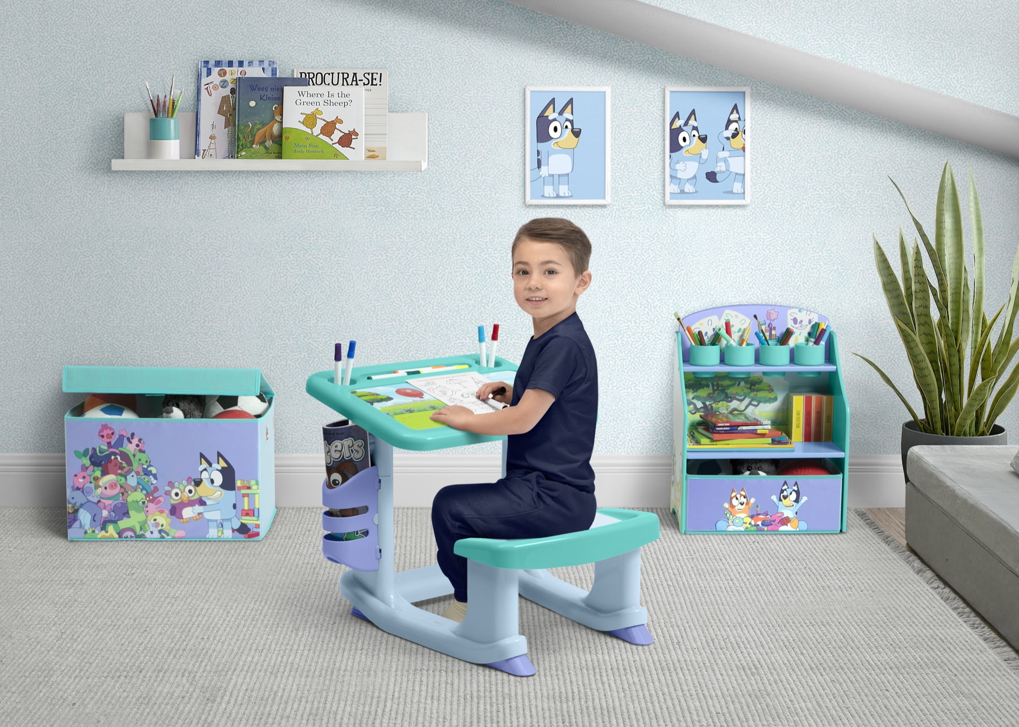 Delta Children Bluey 3-Piece Toddler Room-in-a-Box: Desk, Art & Storage Station, Toy Box