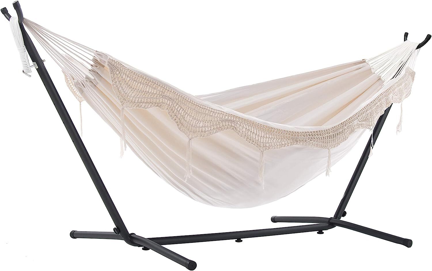 Vivere Double Cotton Hammock with Steel Stand, 450 lb Capacity, Tropical Colors, Includes Premium Carry Bag