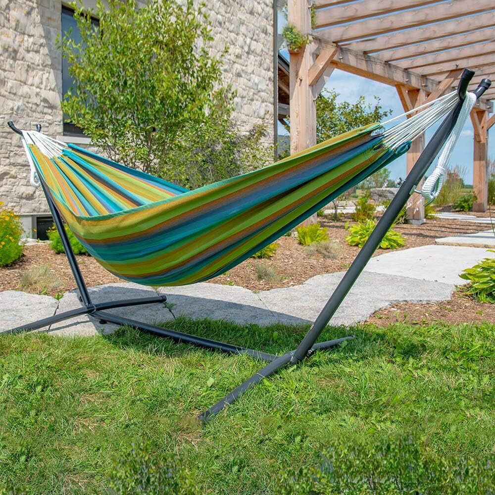 Vivere Double Cotton Hammock with Steel Stand, 450 lb Capacity, Tropical Colors, Includes Premium Carry Bag