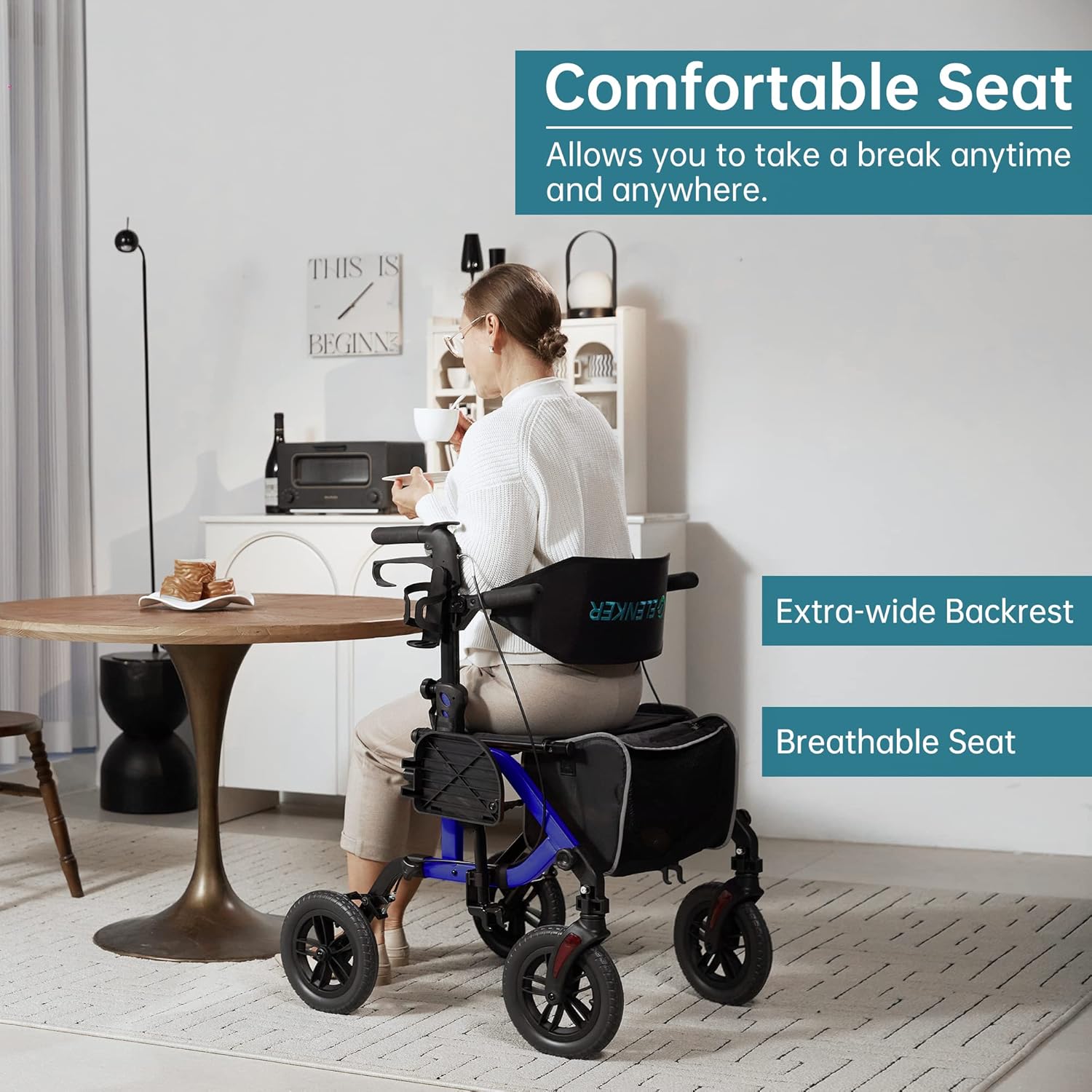 Blue All-Terrain 2-in-1 Rollator Walker & Transport Chair with 10   Non-Pneumatic Wheels, Folding Design, Reversible Backrest & Detachable Footrests for Seniors