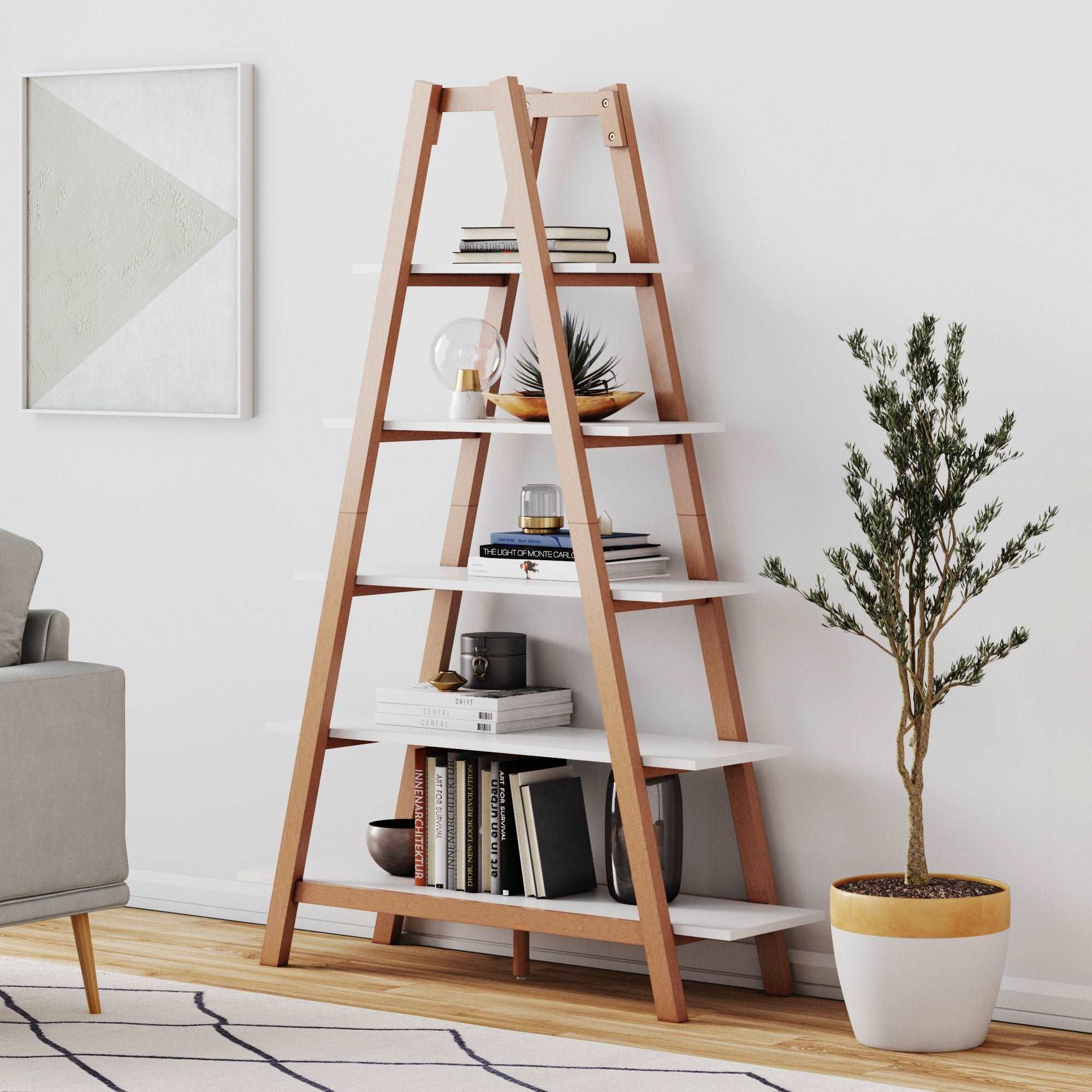 Wood 5-Shelf Ladder Display Bookshelf