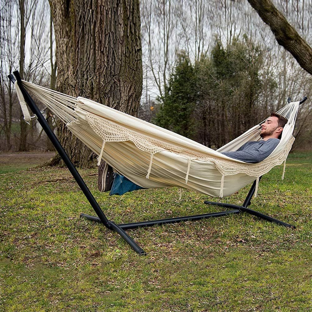 Vivere Double Cotton Hammock with Steel Stand, 450 lb Capacity, Tropical Colors, Includes Premium Carry Bag