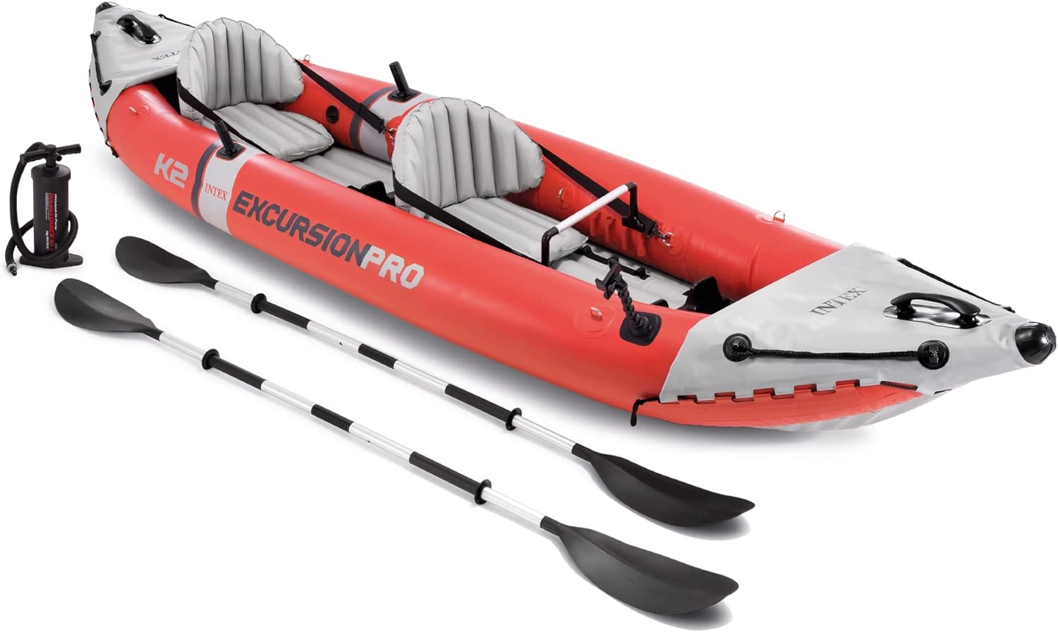 Excursion Pro Inflatable Kayak Series: Includes Deluxe 86in Kayak Paddles and High-Output Pump  ?SuperTough PVC  ?Adjustable Bucket Seat  ?Fishing Rod Holders  ?Grab Handles