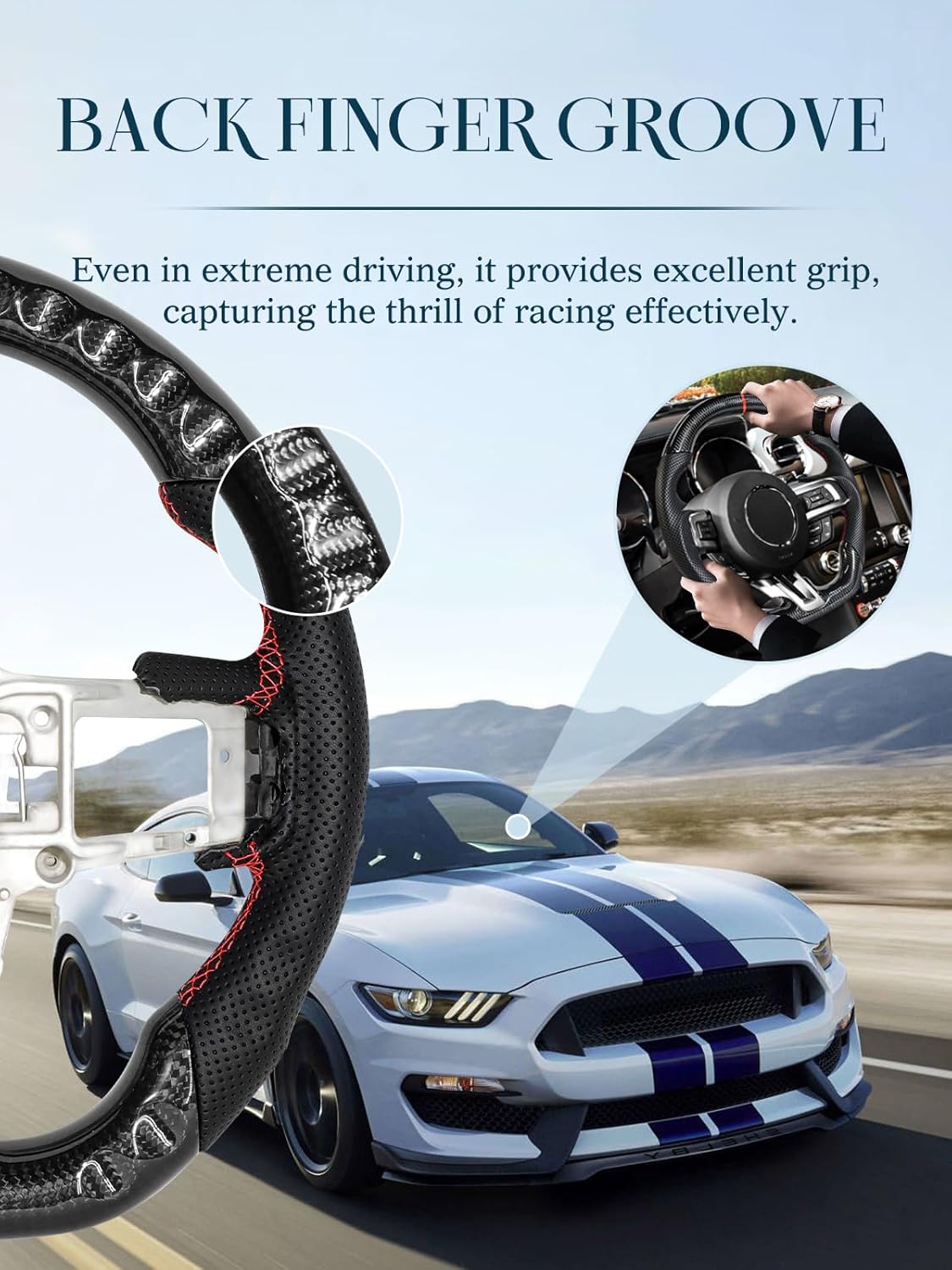 Carbon Fiber Steering Wheel for Ford Mustang 2018-2022 Nappa Perforated Leather with Hand Stitching D-shaped Steering Wheel for Mustang EcoBoost/GT for Shelby GT350/GT350R