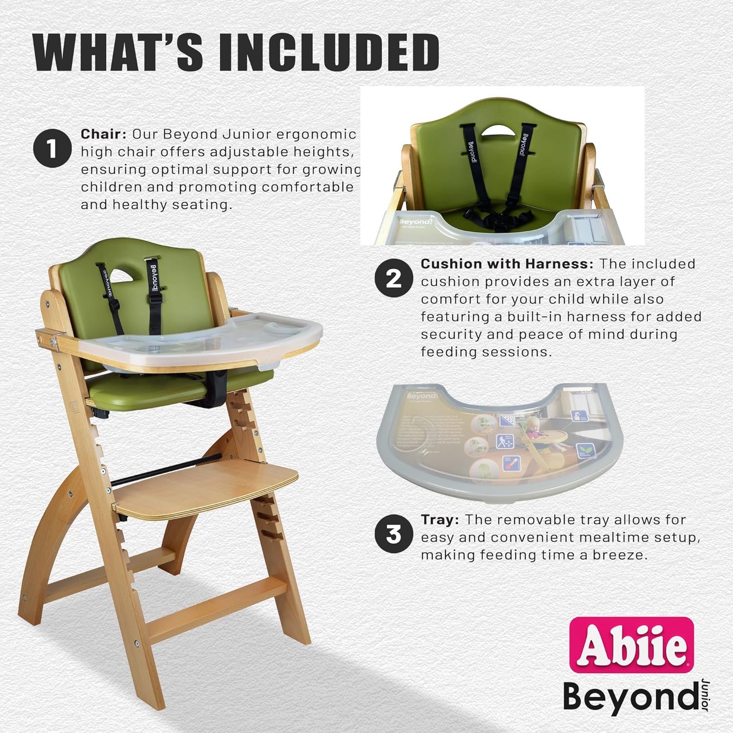 Abiie Beyond Junior High Chair, Adjustable Wood, Dove Grey Cushion, 250 lb Capacity, Stain & Water Resistant