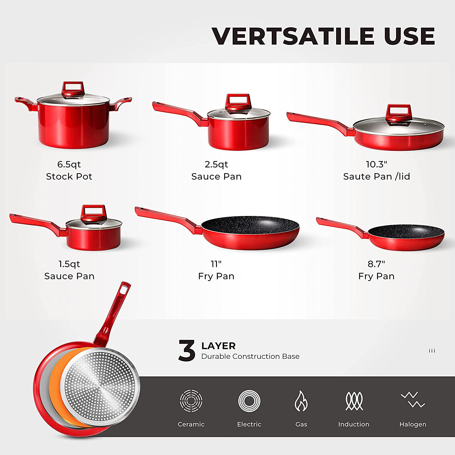 Red Nonstick Cookware Set  C 10 Pcs by [Brand Name], Induction Compatible, Chemical-Free, Includes Frying Pans, Saucepans, Saute Pan, Stock Pot