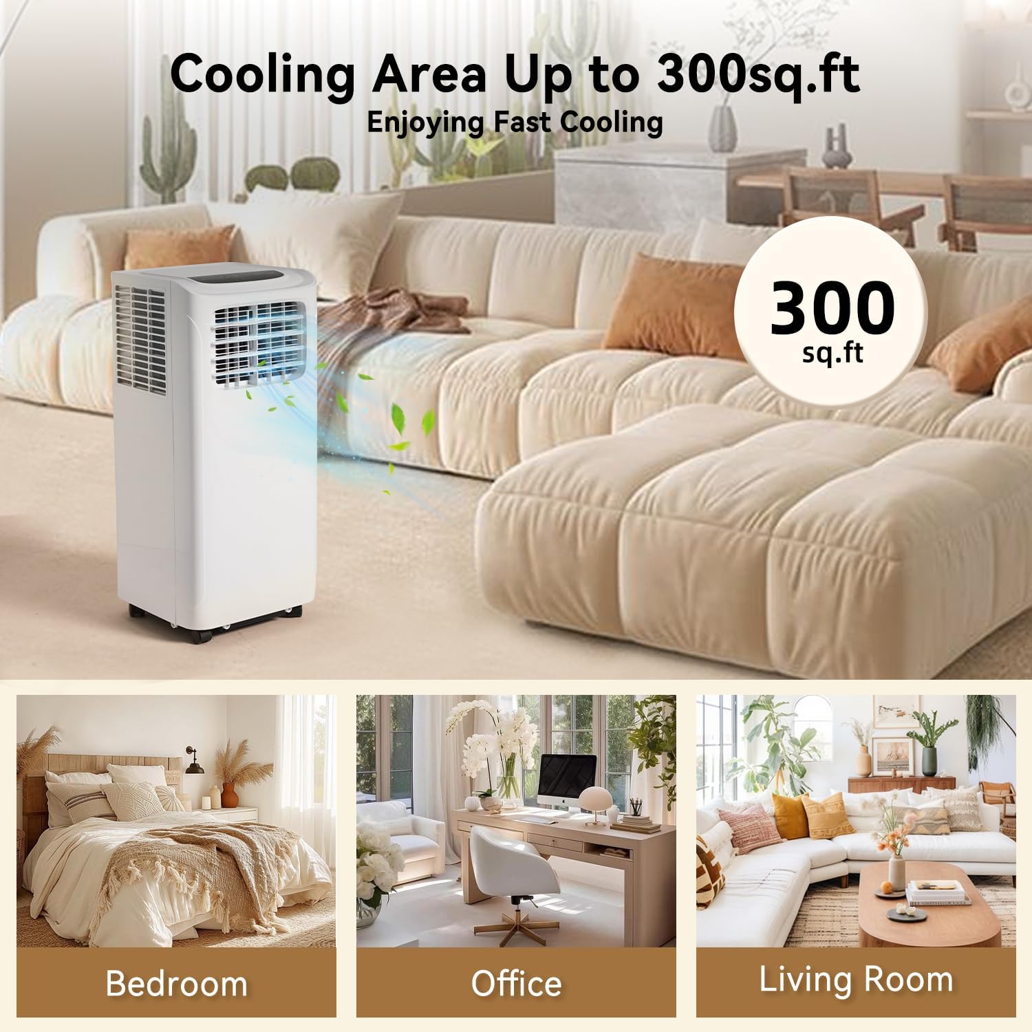 Portable Air Conditioner Cools up to 300 Sq.ft, 4-IN-1 Portable AC Unit with Cooling, Dehumidifier, Fan, 24H Timer (Window Venting Kit Included)