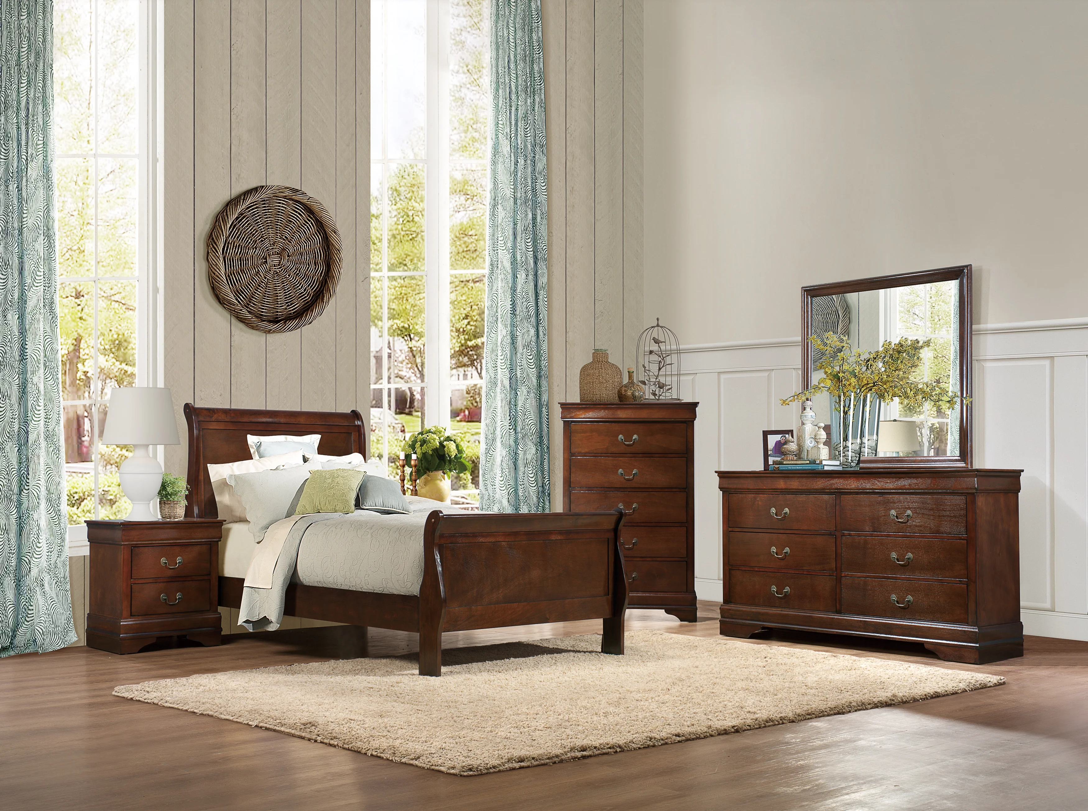 Homiyad Classic Louis Philipe Style Twin Size Bed Brown Cherry Finish 1Pc Traditional Design Bedroom Furniture Sleigh Bed